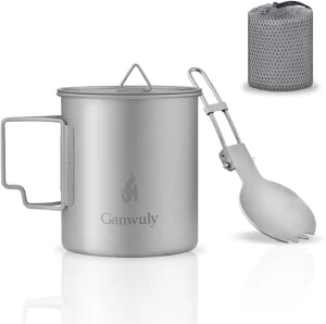 Camping Titanium Pot, 750ml Titanium Pot with Folding Spork, Lightweight Camping Pot for Backpacking Hiking Traveling and Picnic