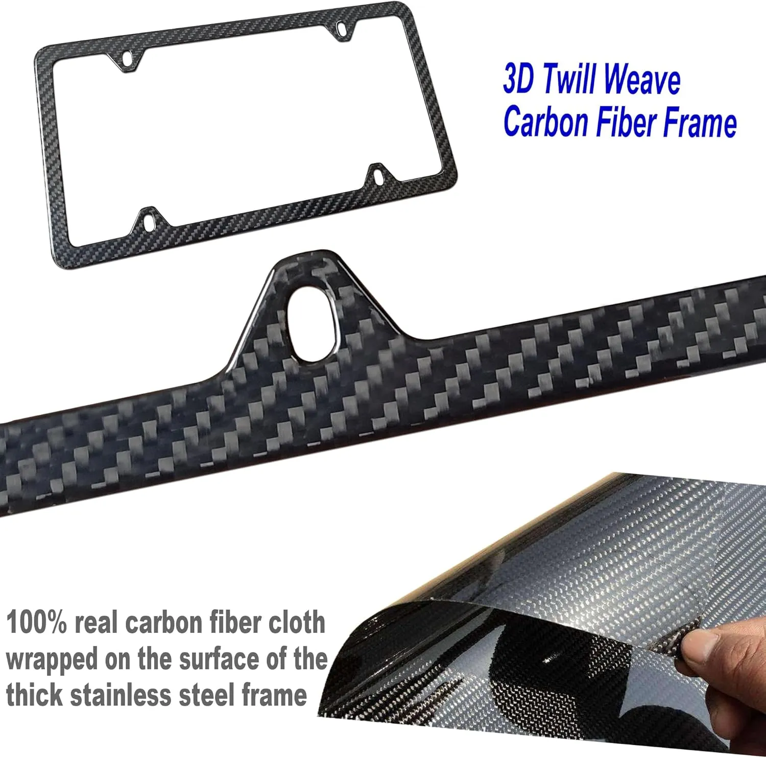 Carbon Fiber License Plate Frame- 1 Pack100% Handcrafted Real Carbon Fiber Cloth Wrapped Holder, Slim Black Stainless Steel Car Tag Cover with Screws Caps, Rattle Proof Pad, 4 Hole