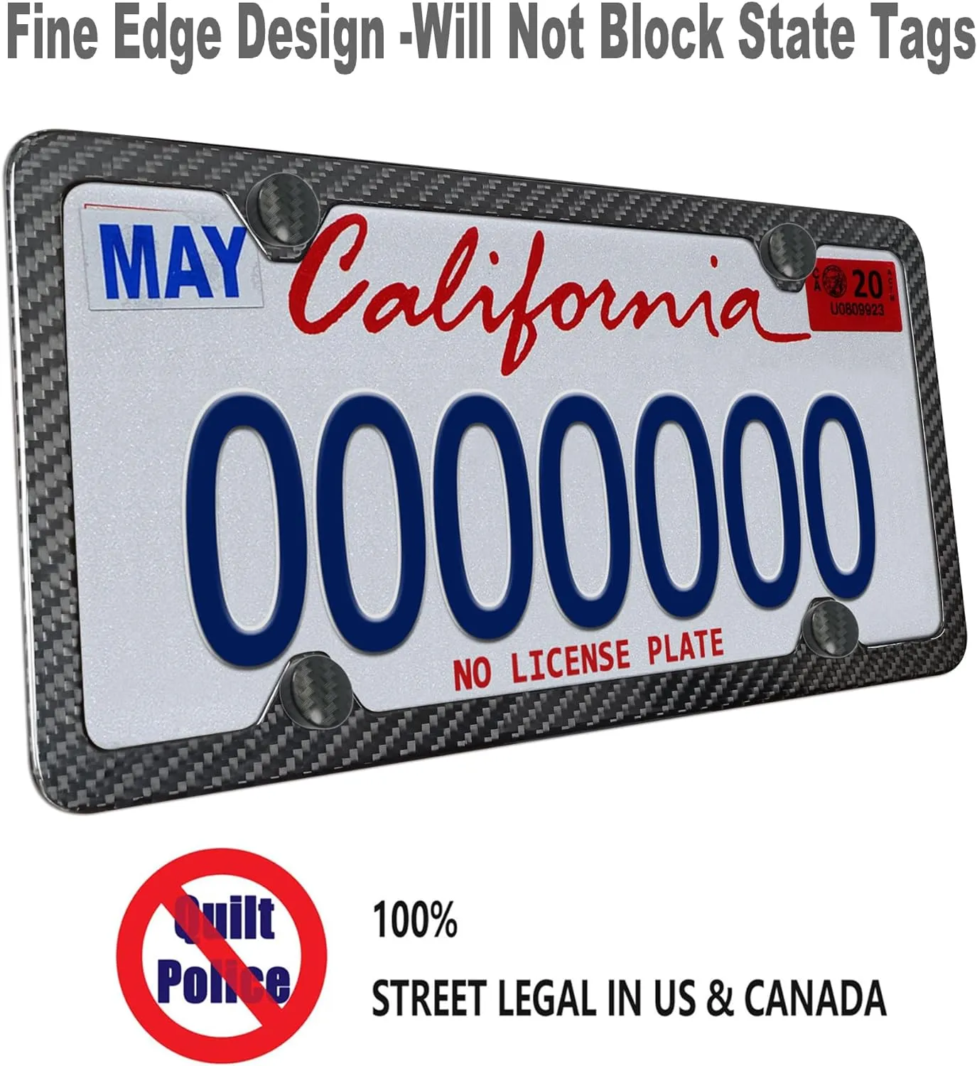 Carbon Fiber License Plate Frame- 1 Pack100% Handcrafted Real Carbon Fiber Cloth Wrapped Holder, Slim Black Stainless Steel Car Tag Cover with Screws Caps, Rattle Proof Pad, 4 Hole