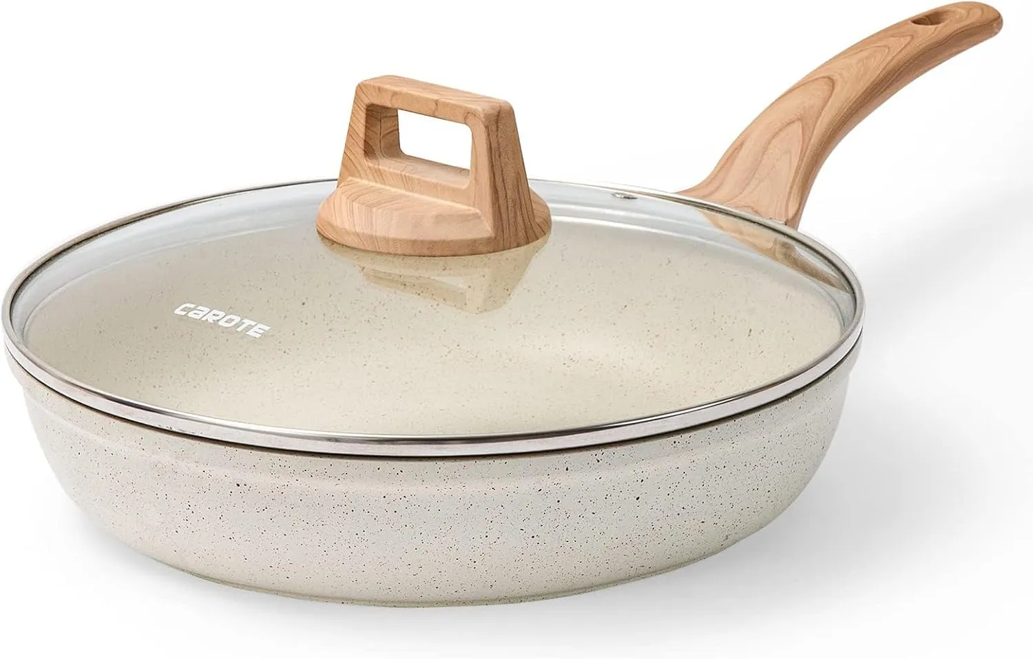 CAROTE 12 Inch Non Stick Frying Pan with Lid,White Granite Nonstick Skillet Omelet Pans, Egg Pan Granite Cookware, PFOS & PFOA Free