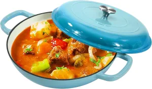 Cast Iron Casserole Braiser, 3.8 Quart,Heavy Duty Casserole Skillet with Lid and Dual Handles, Porcelain Enameled Surface Cookware Pot, Mother's Day Gifts for Family Light Blue