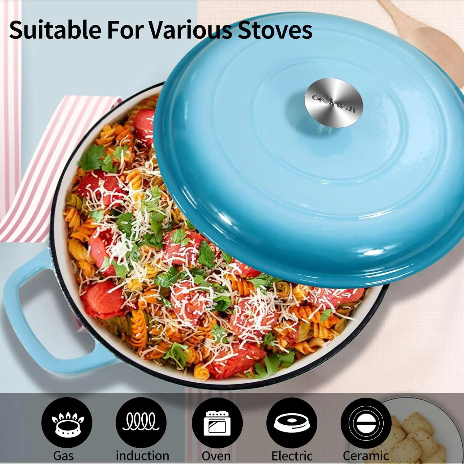 Cast Iron Casserole Braiser, 3.8 Quart,Heavy Duty Casserole Skillet with Lid and Dual Handles, Porcelain Enameled Surface Cookware Pot, Mother's Day Gifts for Family Light Blue