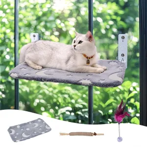 Cat Window Perch, Foldable Cordless Cat Window Hammock, Breathable and Luminous Window Perch for Cats Inside with Sturdy Metal Frame and 4 Removable Suction Cups