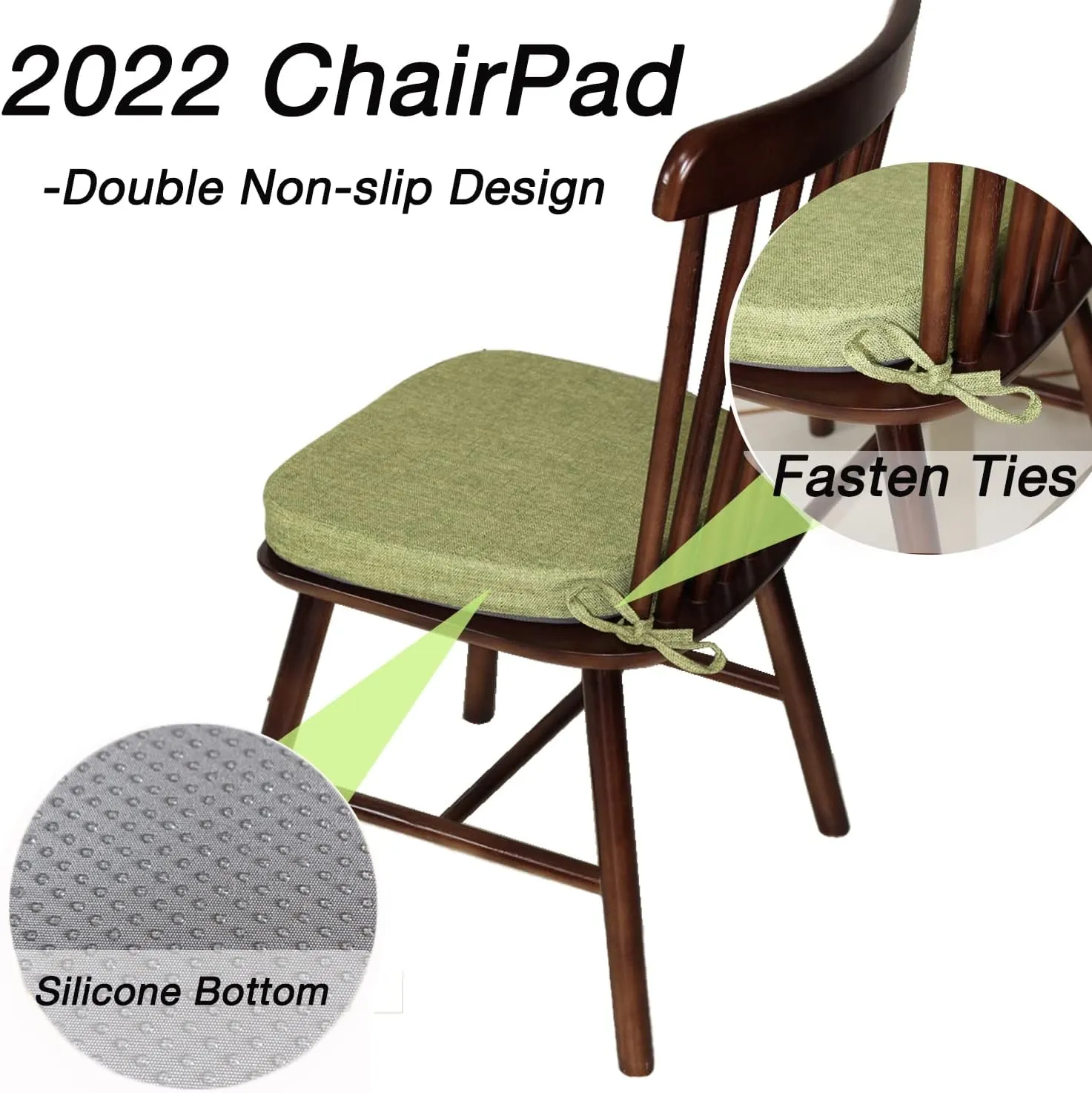 Chair Pads with Ties for Dining Chairs - Indoor Kitchen Room No Slip Seat Cushion Pad with Machine Washable Cover [14.5 X 15.5 X 2 Inches] - Green