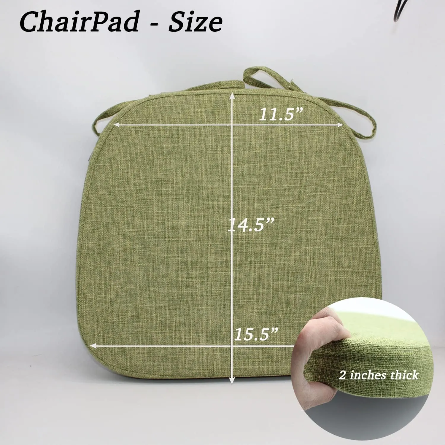 Chair Pads with Ties for Dining Chairs - Indoor Kitchen Room No Slip Seat Cushion Pad with Machine Washable Cover [14.5 X 15.5 X 2 Inches] - Green