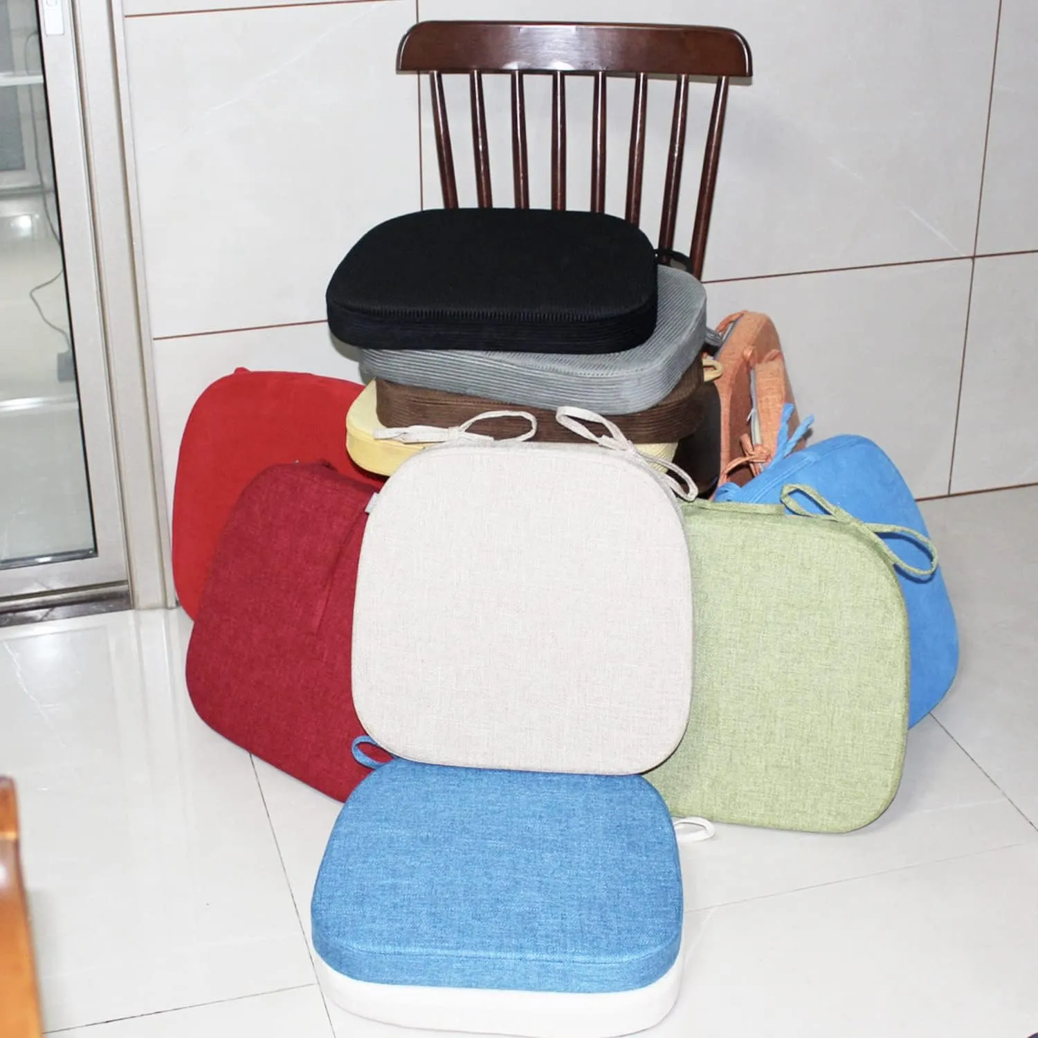 Chair Pads with Ties for Dining Chairs - Indoor Kitchen Room No Slip Seat Cushion Pad with Machine Washable Cover [14.5 X 15.5 X 2 Inches] - Green