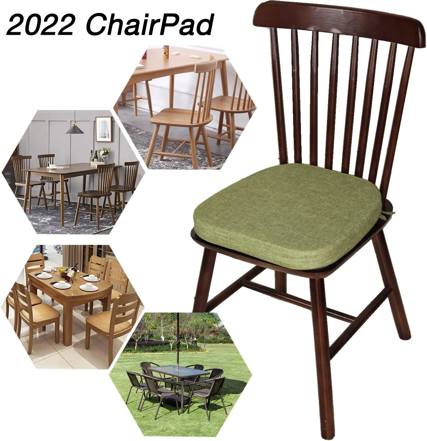 Chair Pads with Ties for Dining Chairs - Indoor Kitchen Room No Slip Seat Cushion Pad with Machine Washable Cover [14.5 X 15.5 X 2 Inches] - Green