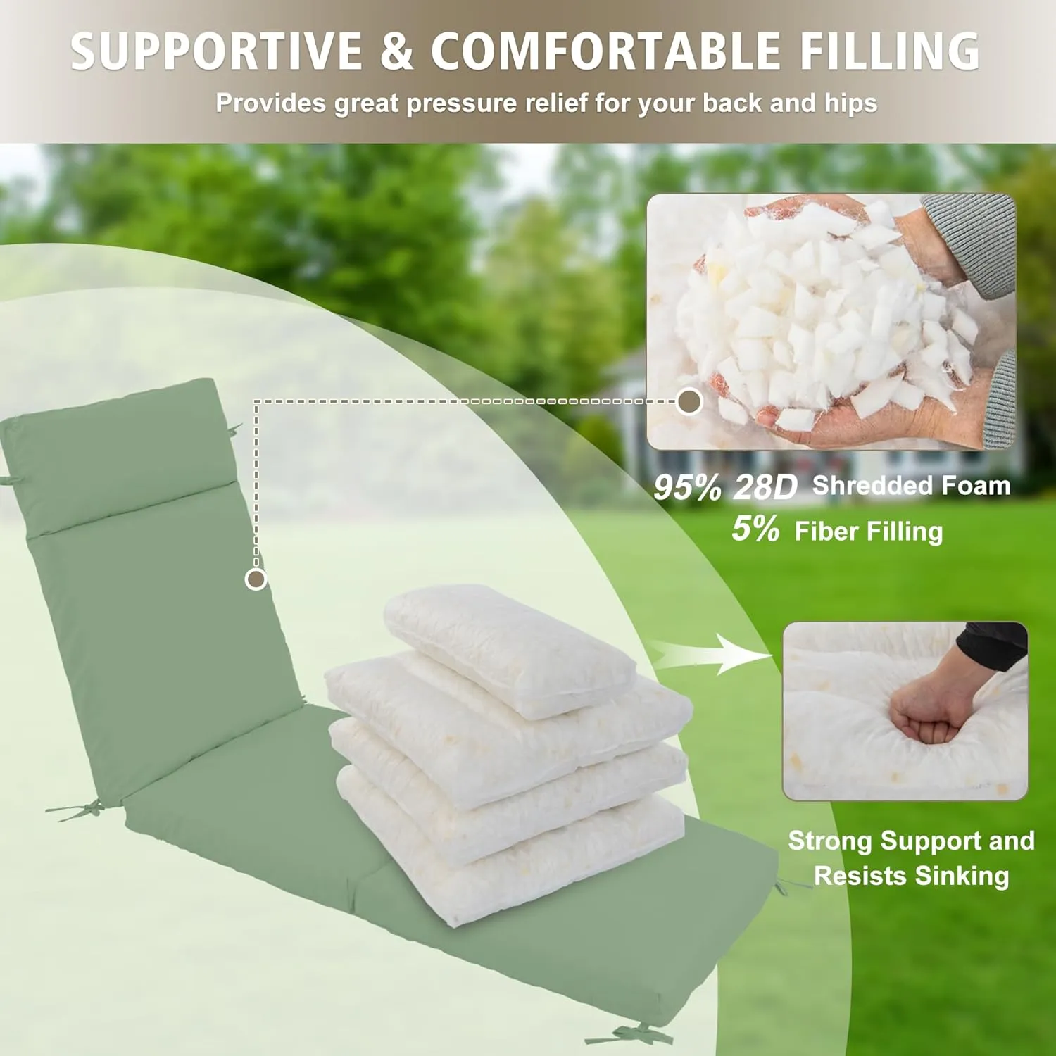 Chaise Lounge Cushion 72x21x3 Inch – Set of 2 Outdoor Lounge Chair Cushions, Lounger Pad Replacement with Fade-Resistant, Removable & Machine-Washable Covers, Ideal for Patio Chaise Chairs, Sage Green