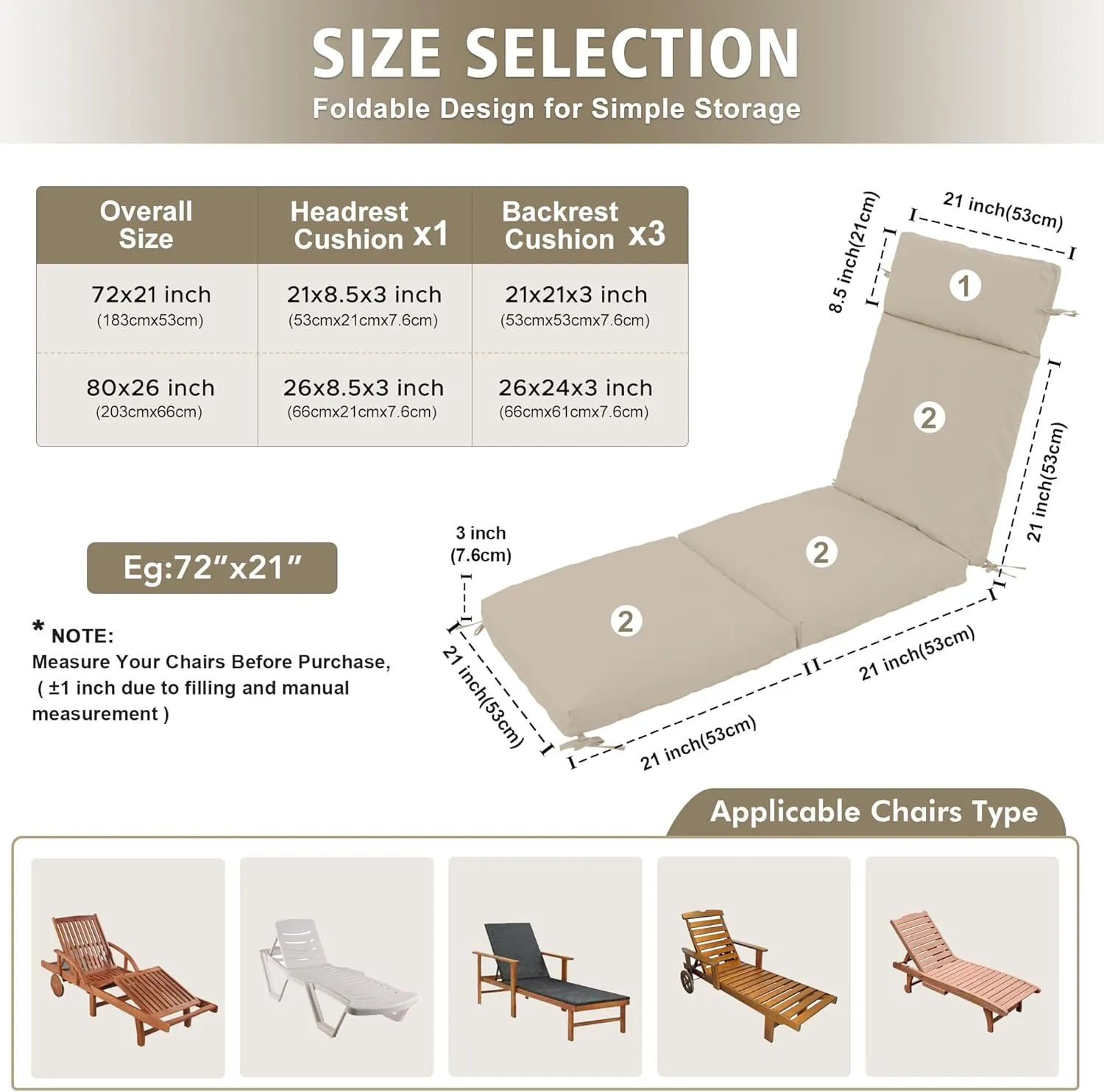 Chaise Lounge Cushion 72x21x3 Inch – Set of 4 Outdoor Lounge Chair Cushions, Lounger Pad Replacement with Fade-Resistant, Removable & Machine-Washable Covers, Ideal for Patio Chaise Chairs, Cream