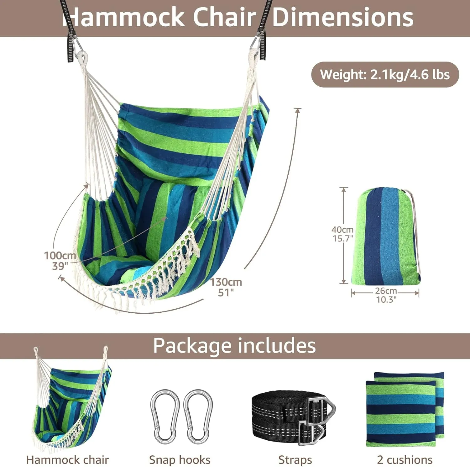 Chihee Hammock Chair Hanging Swing 2 Pillows Included,Strong Webbing Straps and Hooks for Easy Hanging Soft Cotton Hanging Chair Side Pocket Tassel Chair Comfort Indoor Outdoor Blue Green