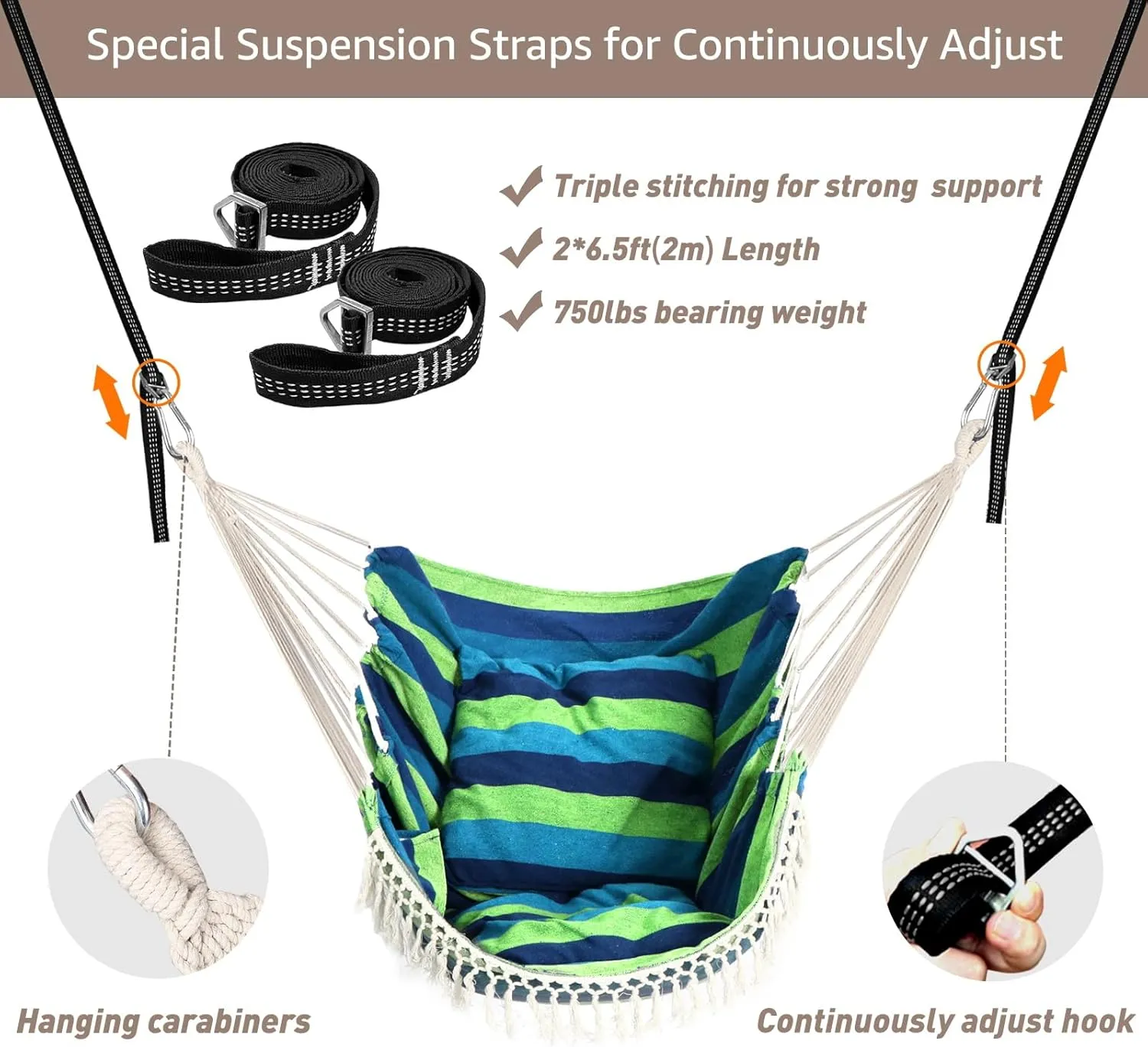 Chihee Hammock Chair Hanging Swing 2 Pillows Included,Strong Webbing Straps and Hooks for Easy Hanging Soft Cotton Hanging Chair Side Pocket Tassel Chair Comfort Indoor Outdoor Blue Green