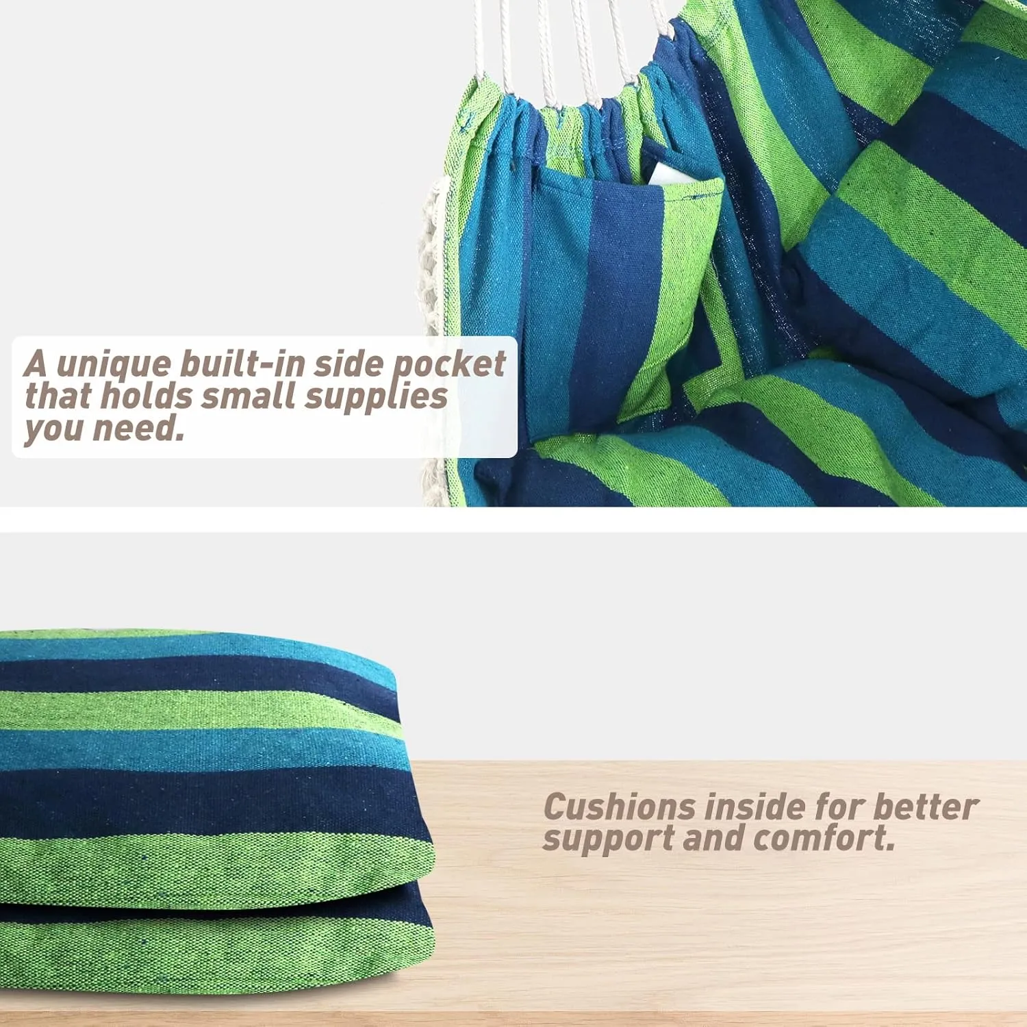 Chihee Hammock Chair Hanging Swing 2 Pillows Included,Strong Webbing Straps and Hooks for Easy Hanging Soft Cotton Hanging Chair Side Pocket Tassel Chair Comfort Indoor Outdoor Blue Green