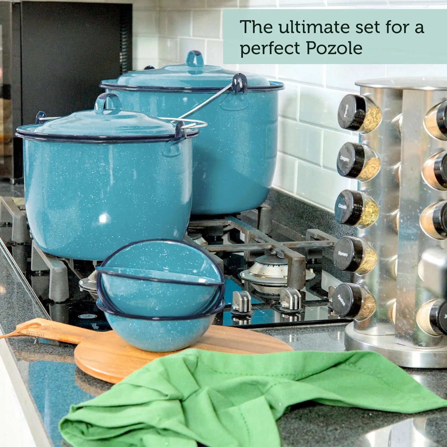 Cinsa 8-Piece Enameled Steel Stock Pots (14 & 8 QT) with Lids, Turquoise Blue Cookware Set