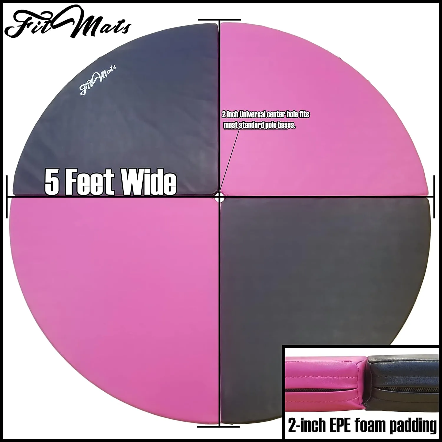 Circular Multi-Use Skid Proof Portable Dance Pole Crash Mat. 6 Foot Wide Pink/Black Exercise and Yoga Safety Cushion w/EPE Foam Padding & Pleather Covering for Superior Protection.