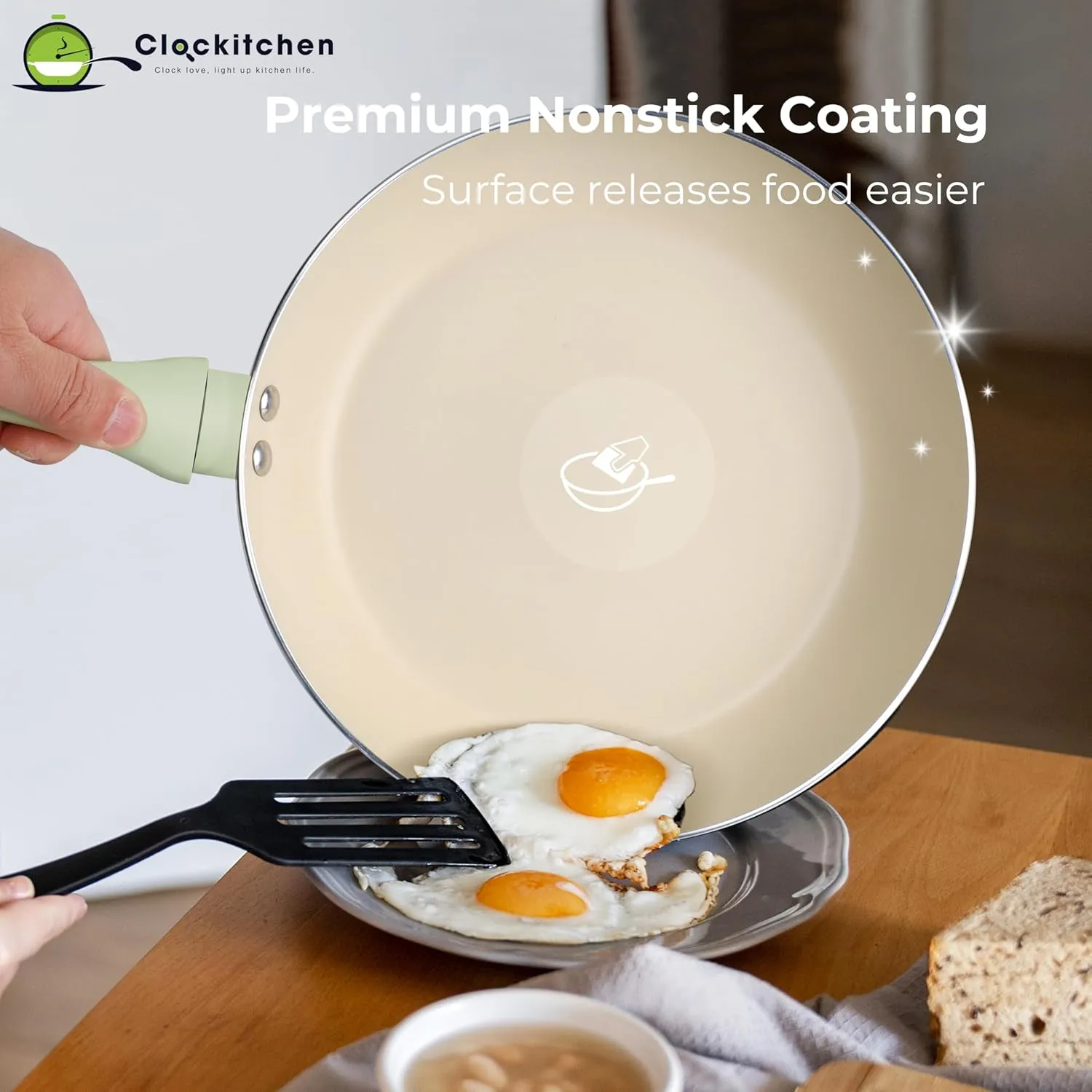 Clockitchen Ceramic Nonstick Cookware Set, 10-piece Non-Toxic Cooking Pots and Pans Set Induction Stovetops Compatibility, Green Kitchenware for Healthy Cooking