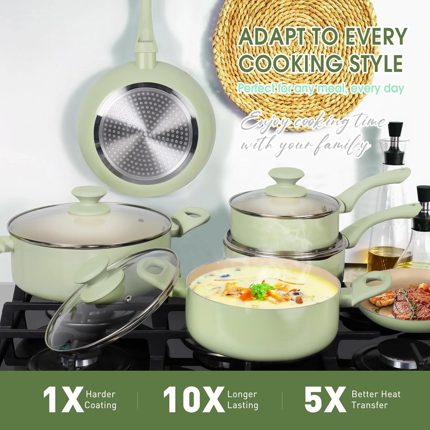 Clockitchen Ceramic Nonstick Cookware Set, 10-piece Non-Toxic Cooking Pots and Pans Set Induction Stovetops Compatibility, Green Kitchenware for Healthy Cooking
