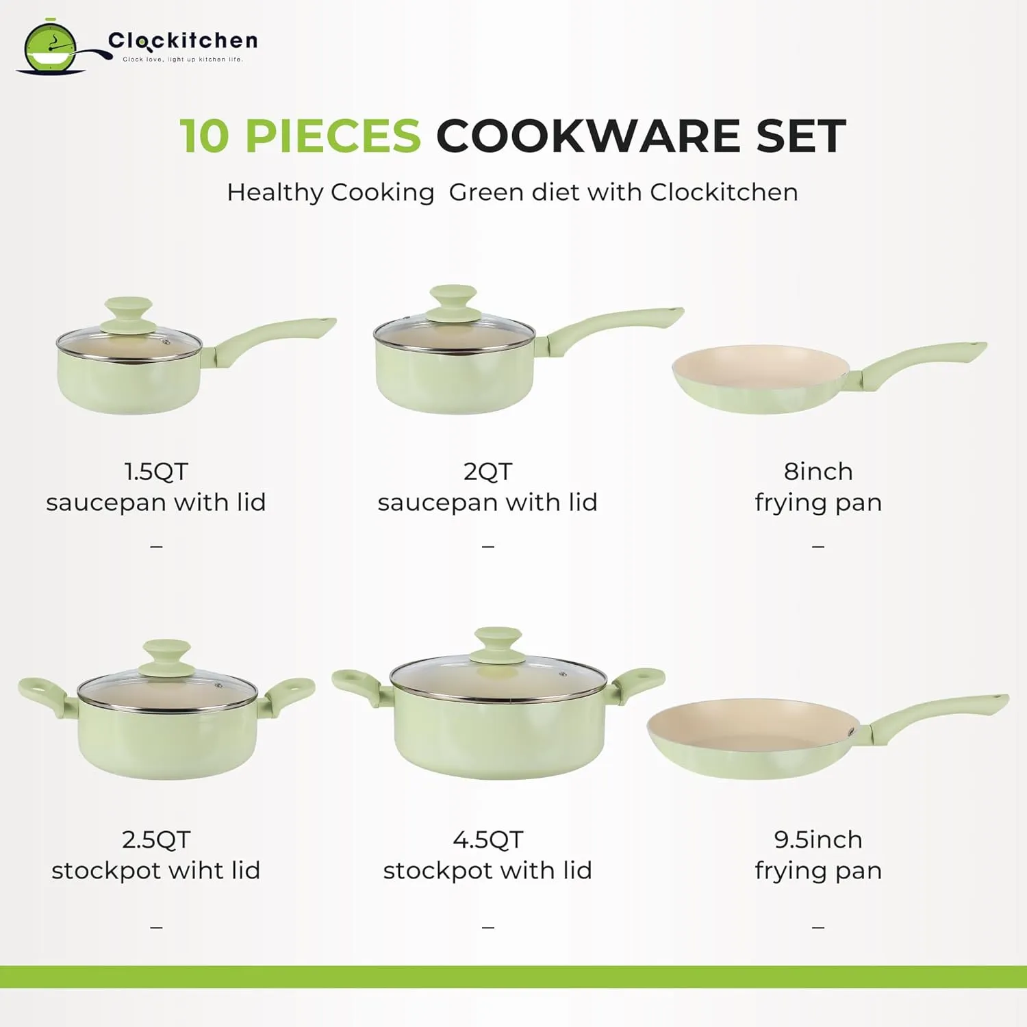 Clockitchen Ceramic Nonstick Cookware Set, 10-piece Non-Toxic Cooking Pots and Pans Set Induction Stovetops Compatibility, Green Kitchenware for Healthy Cooking