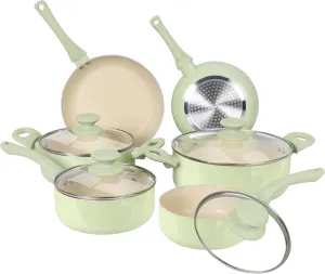 Clockitchen Ceramic Nonstick Cookware Set, 10-piece Non-Toxic Cooking Pots and Pans Set Induction Stovetops Compatibility, Green Kitchenware for Healthy Cooking