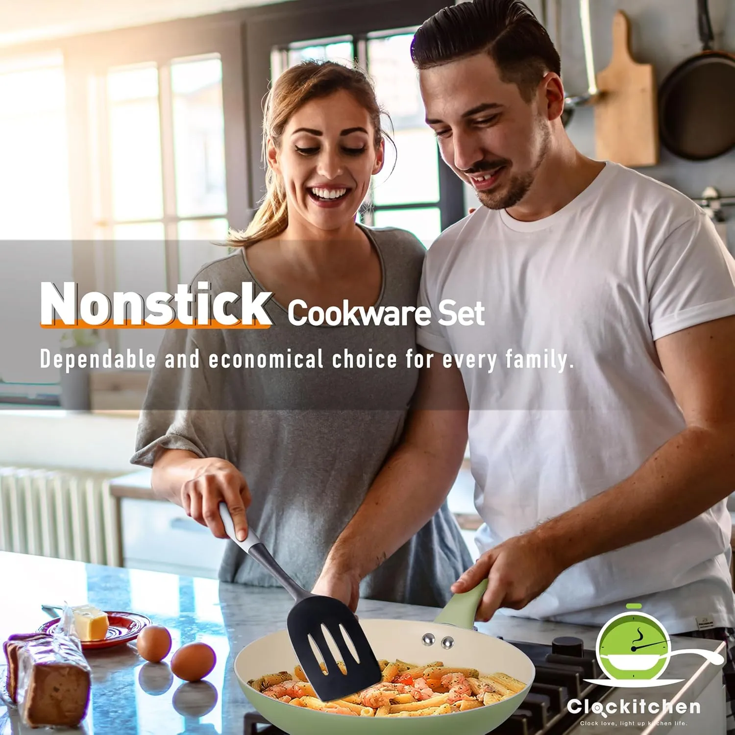 Clockitchen Ceramic Nonstick Cookware Set, 10-piece Non-Toxic Cooking Pots and Pans Set Induction Stovetops Compatibility, Green Kitchenware for Healthy Cooking