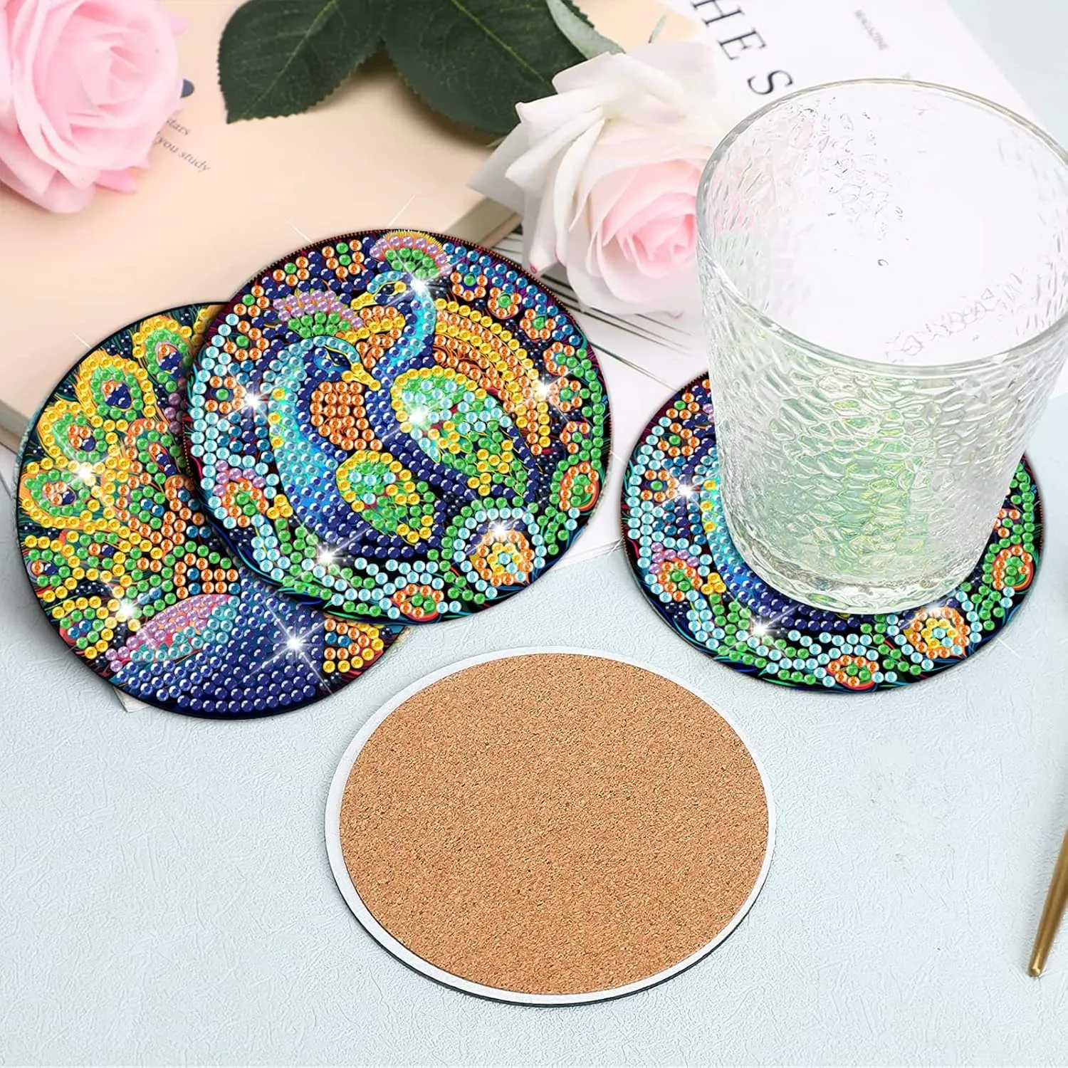 clothmile 8 PCS Peacock Diamond Art Coasters Peacock Diamond Art Coasters Kits with Holder Peacock DIY Coasters Coasters for Beginners, Adults, Kids, Diamond Art Crafts Supplies