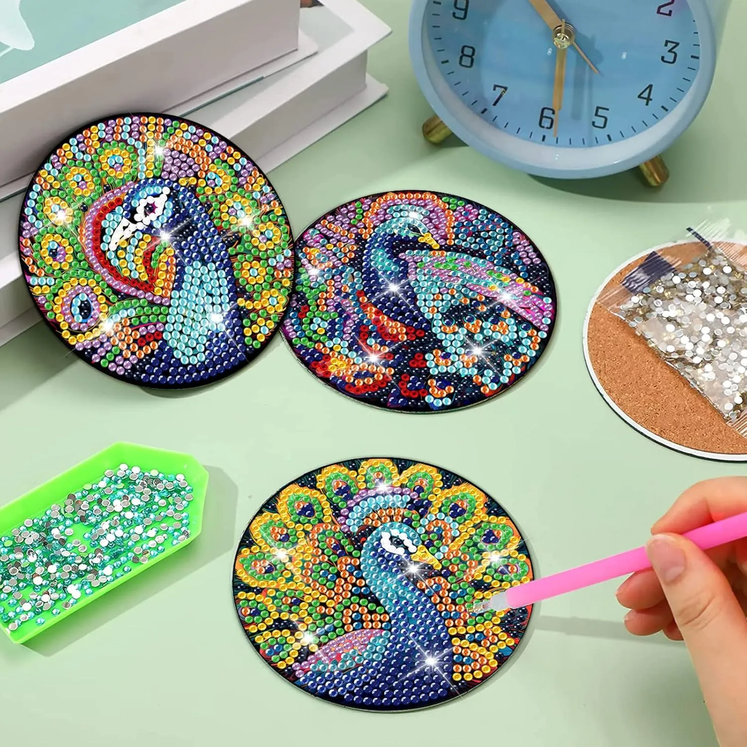 clothmile 8 PCS Peacock Diamond Art Coasters Peacock Diamond Art Coasters Kits with Holder Peacock DIY Coasters Coasters for Beginners, Adults, Kids, Diamond Art Crafts Supplies