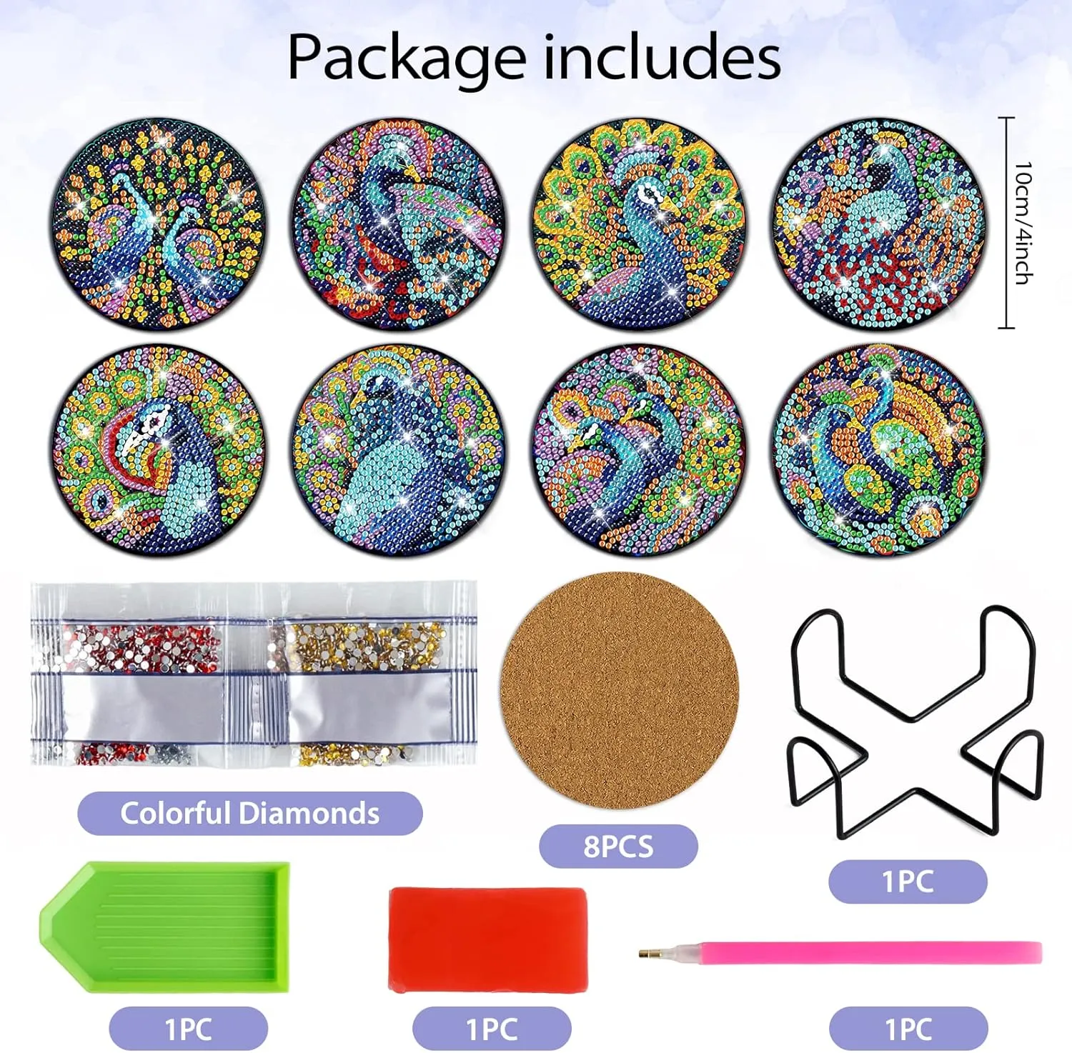 clothmile 8 PCS Peacock Diamond Art Coasters Peacock Diamond Art Coasters Kits with Holder Peacock DIY Coasters Coasters for Beginners, Adults, Kids, Diamond Art Crafts Supplies