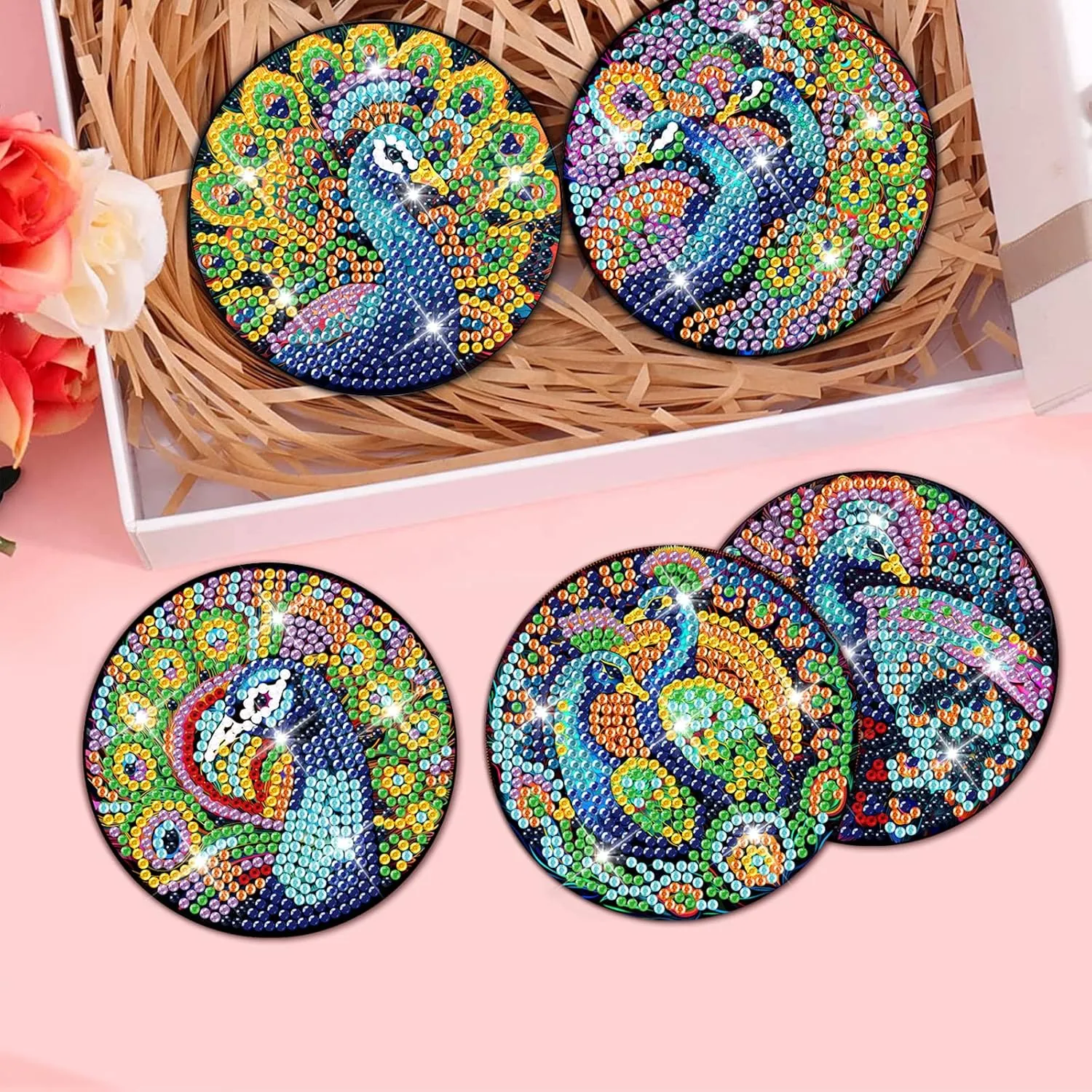 clothmile 8 PCS Peacock Diamond Art Coasters Peacock Diamond Art Coasters Kits with Holder Peacock DIY Coasters Coasters for Beginners, Adults, Kids, Diamond Art Crafts Supplies