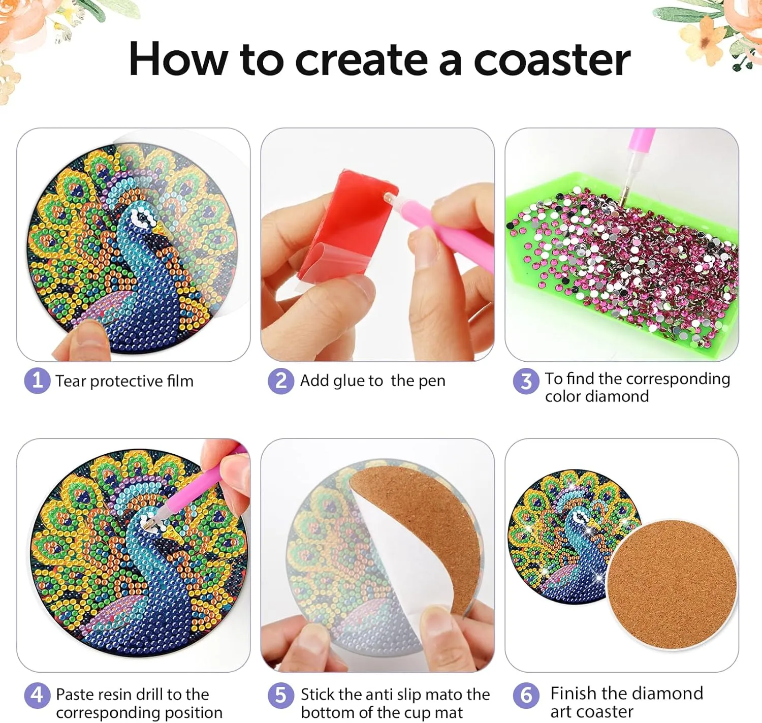 clothmile 8 PCS Peacock Diamond Art Coasters Peacock Diamond Art Coasters Kits with Holder Peacock DIY Coasters Coasters for Beginners, Adults, Kids, Diamond Art Crafts Supplies