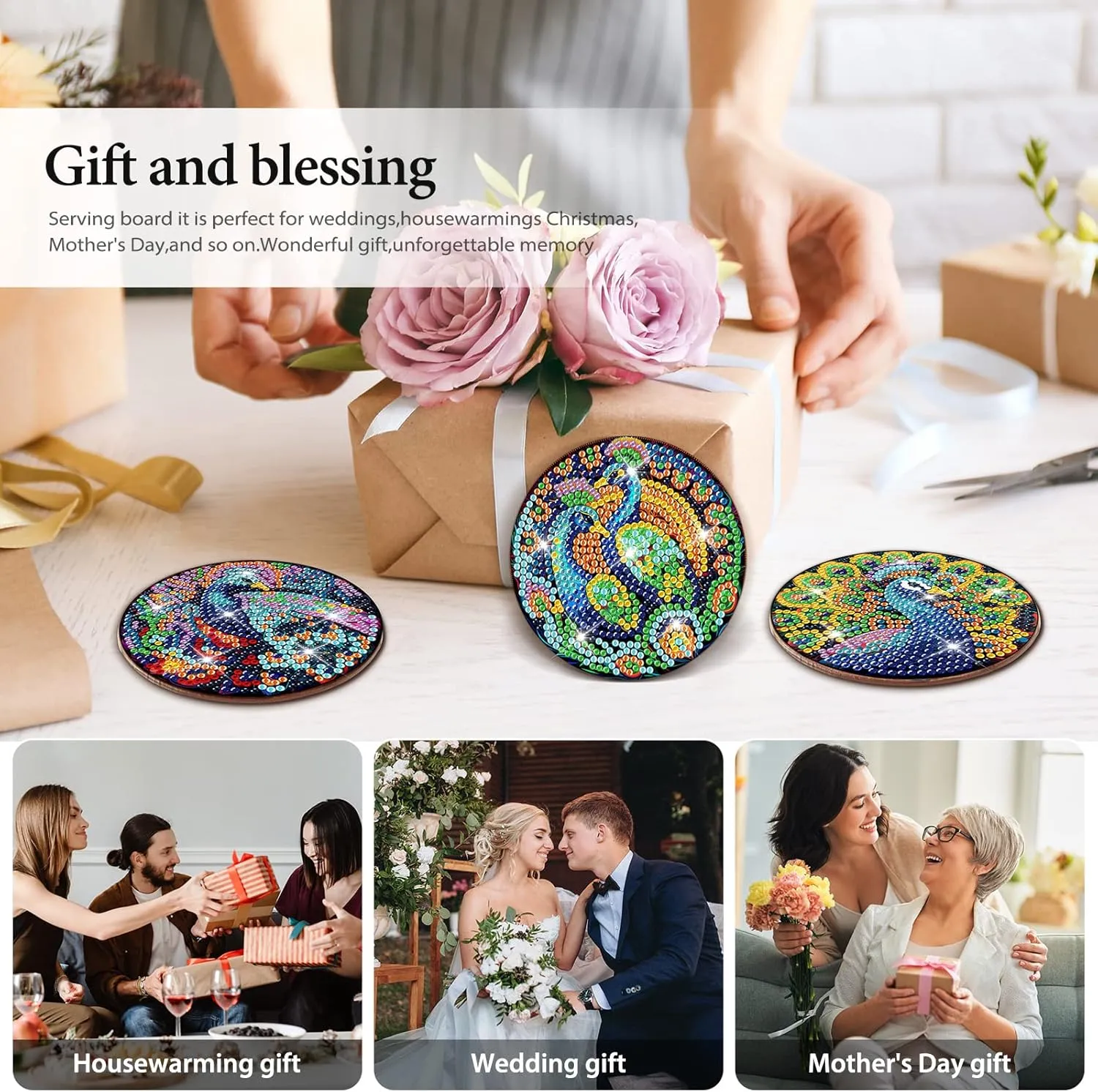 clothmile 8 PCS Peacock Diamond Art Coasters Peacock Diamond Art Coasters Kits with Holder Peacock DIY Coasters Coasters for Beginners, Adults, Kids, Diamond Art Crafts Supplies