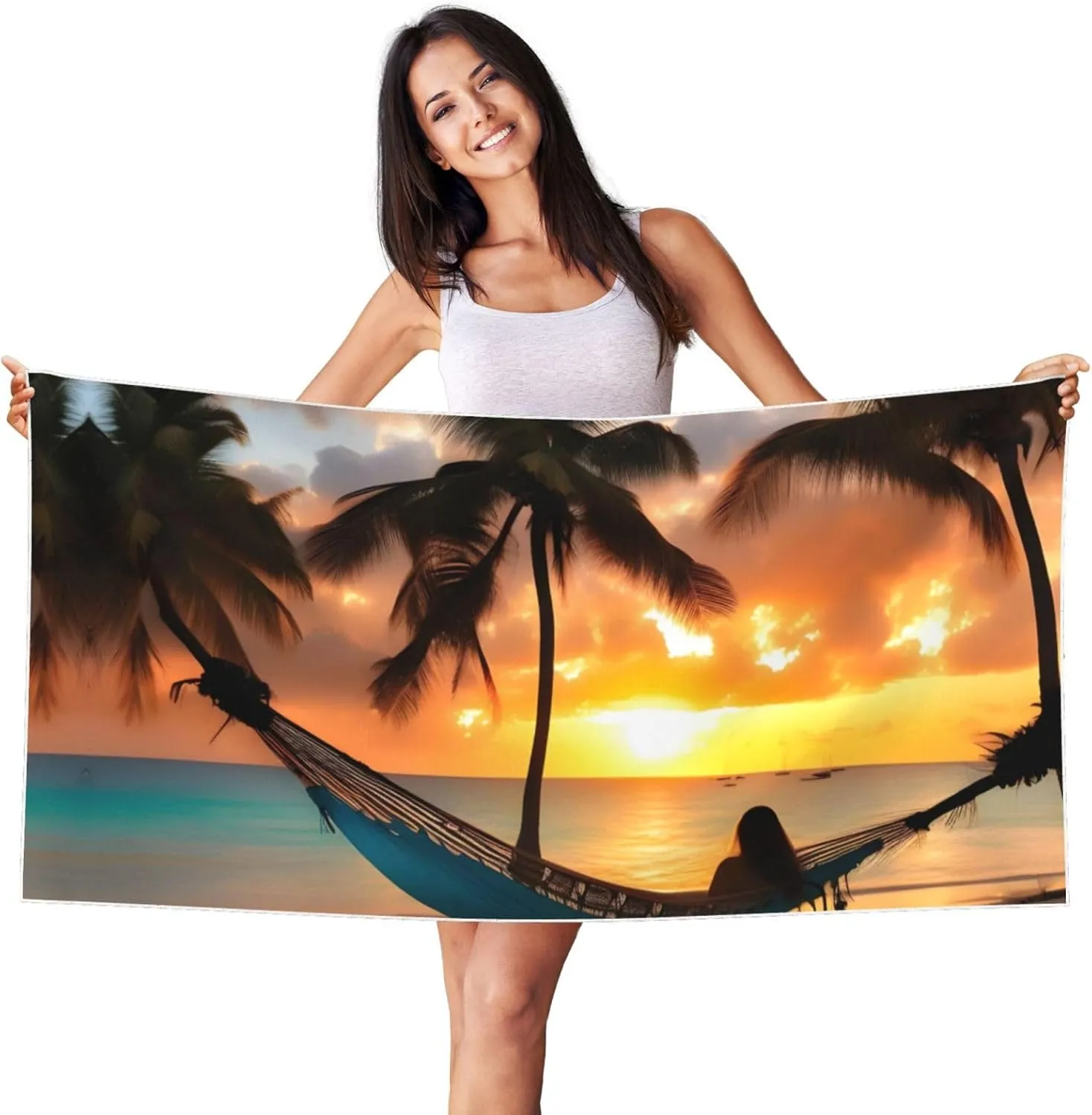 Coconut Beach Sunset Hammock Print Quick Dry Beach Towel Swimming Towel Perfect for Pool Bath Gym Camping Hiking Fitness