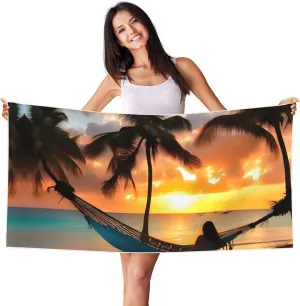 Coconut Beach Sunset Hammock Print Quick Dry Beach Towel Swimming Towel Perfect for Pool Bath Gym Camping Hiking Fitness