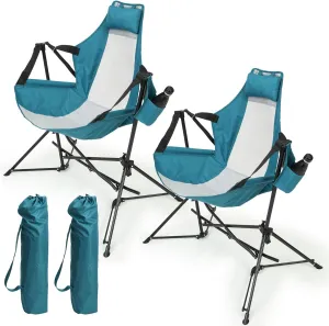 Comfortable Hammock Camping Chair for Relaxation, Sturdy and Portable, Adjustable Recline with Pillow and Cup Holder, Blue, 2pcs