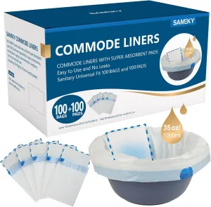 Commode Liners with Absorbent Pads | 100Bags 100Pads for Bedside Toilet Chair Bucket | Universal Fit | Bedside Commode Liners and Pads(100Bags   100Pads)