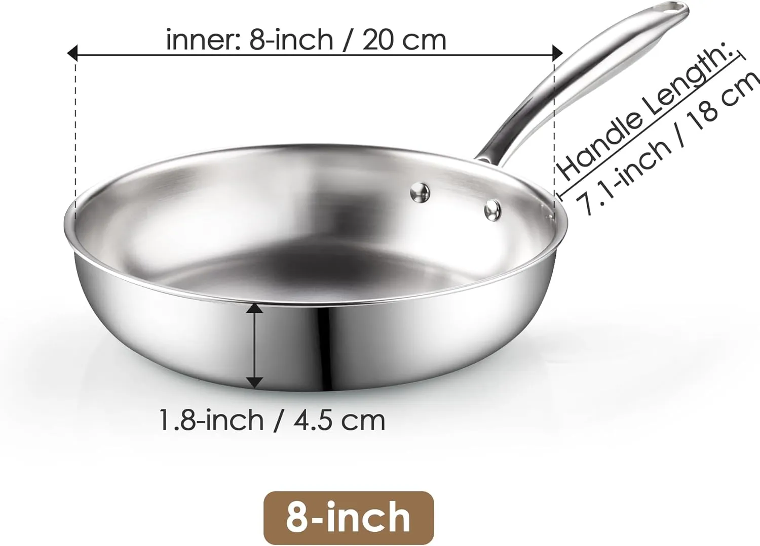 Cook N Home 8-inch Stainless Steel Frying Pan, Tri-Ply Clad 18/10 Stainless Steel Skillet Sauté Cooking Fry Pan, Induction Cookware, Silver