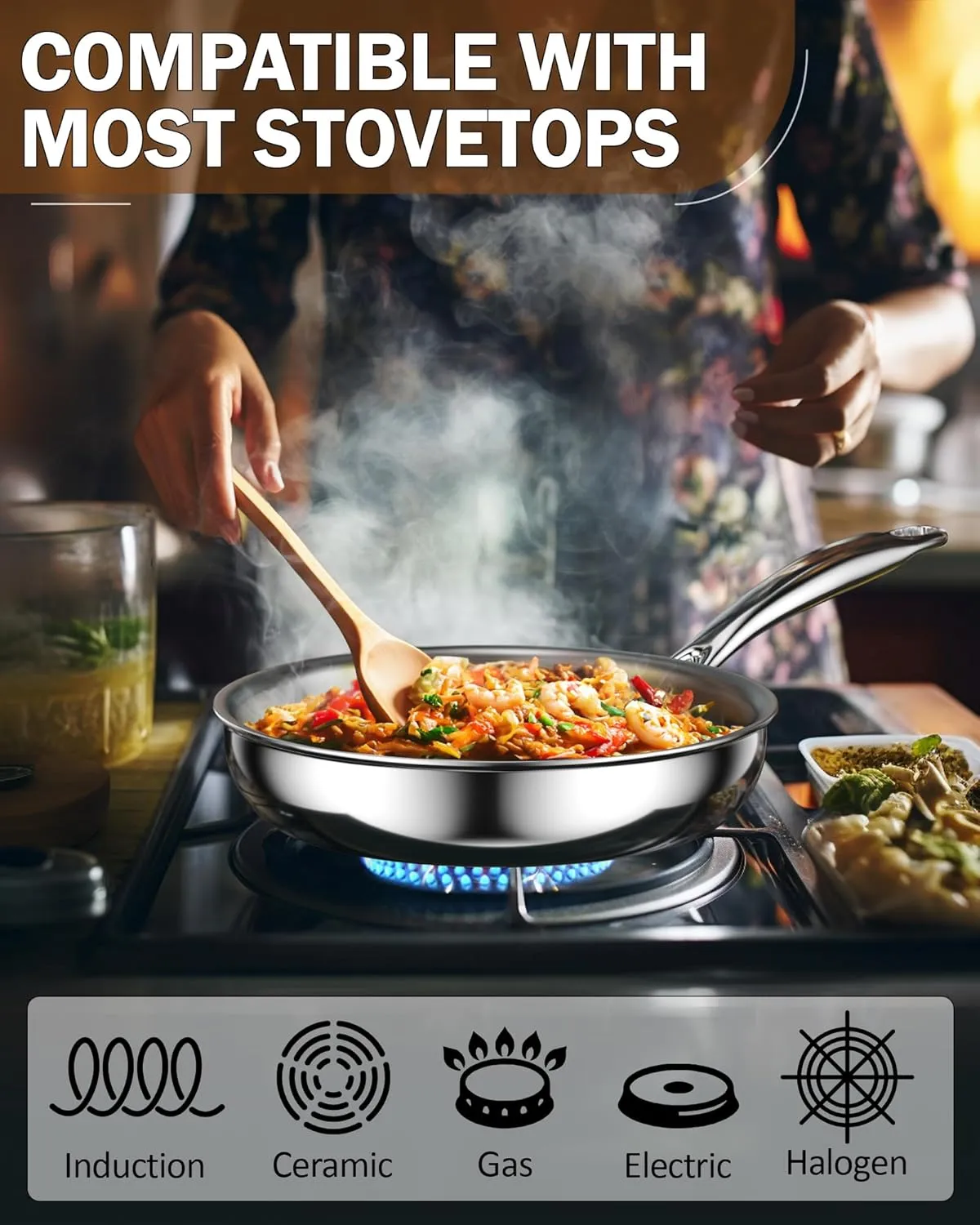 Cook N Home 8-inch Stainless Steel Frying Pan, Tri-Ply Clad 18/10 Stainless Steel Skillet Sauté Cooking Fry Pan, Induction Cookware, Silver
