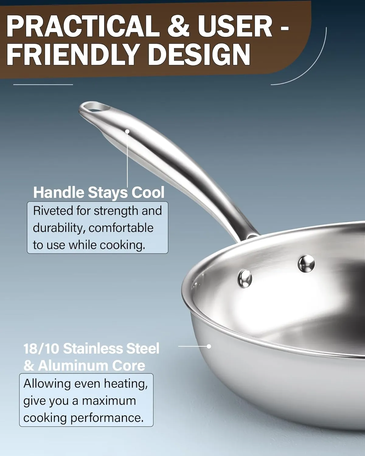 Cook N Home 8-inch Stainless Steel Frying Pan, Tri-Ply Clad 18/10 Stainless Steel Skillet Sauté Cooking Fry Pan, Induction Cookware, Silver