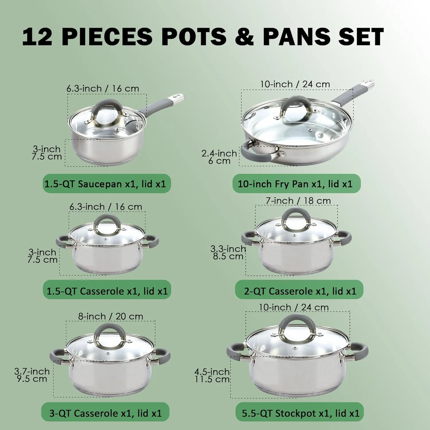 Cook N Home Kitchen Cookware Set, 12-Piece Basics Stainless Steel Pots and Pans Set with Grey Silicone Handle, Silver