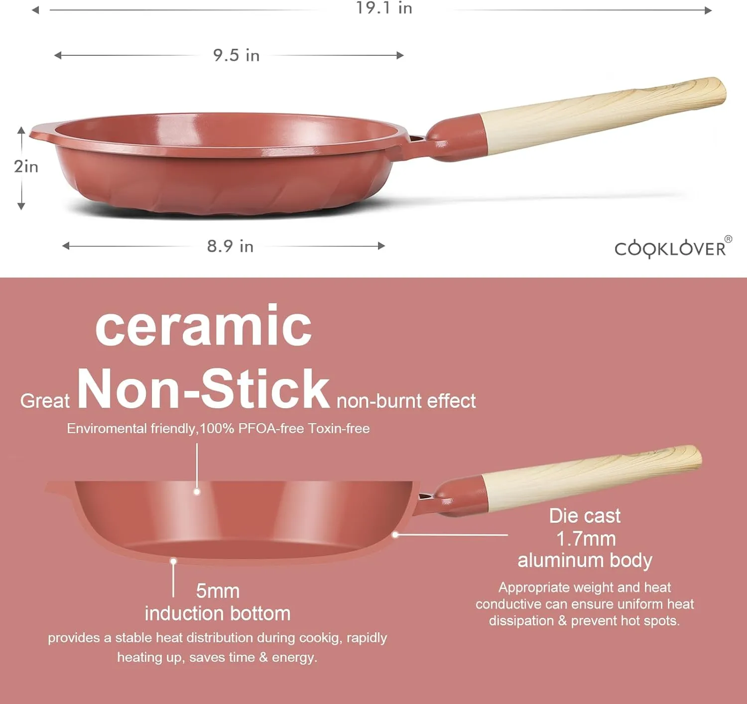 COOKLOVER Nonstick Frying Pan 100% PFOA Free Cookware Induction Skillet Stir Fry Pan (Coral, 9.5 inch)