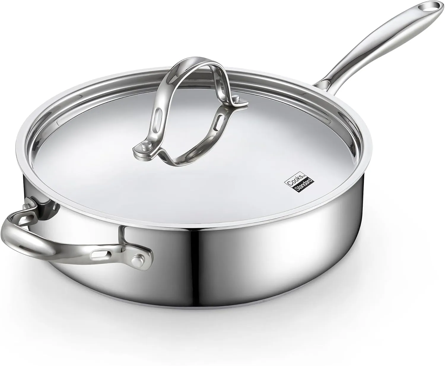 Cooks Standard Classic Stainless Steel Saute Pan 11-inch, 5 Quart Induction Cookware Deep Frying Pan Cooking Skillet with Lid, Stay-Cool Handle