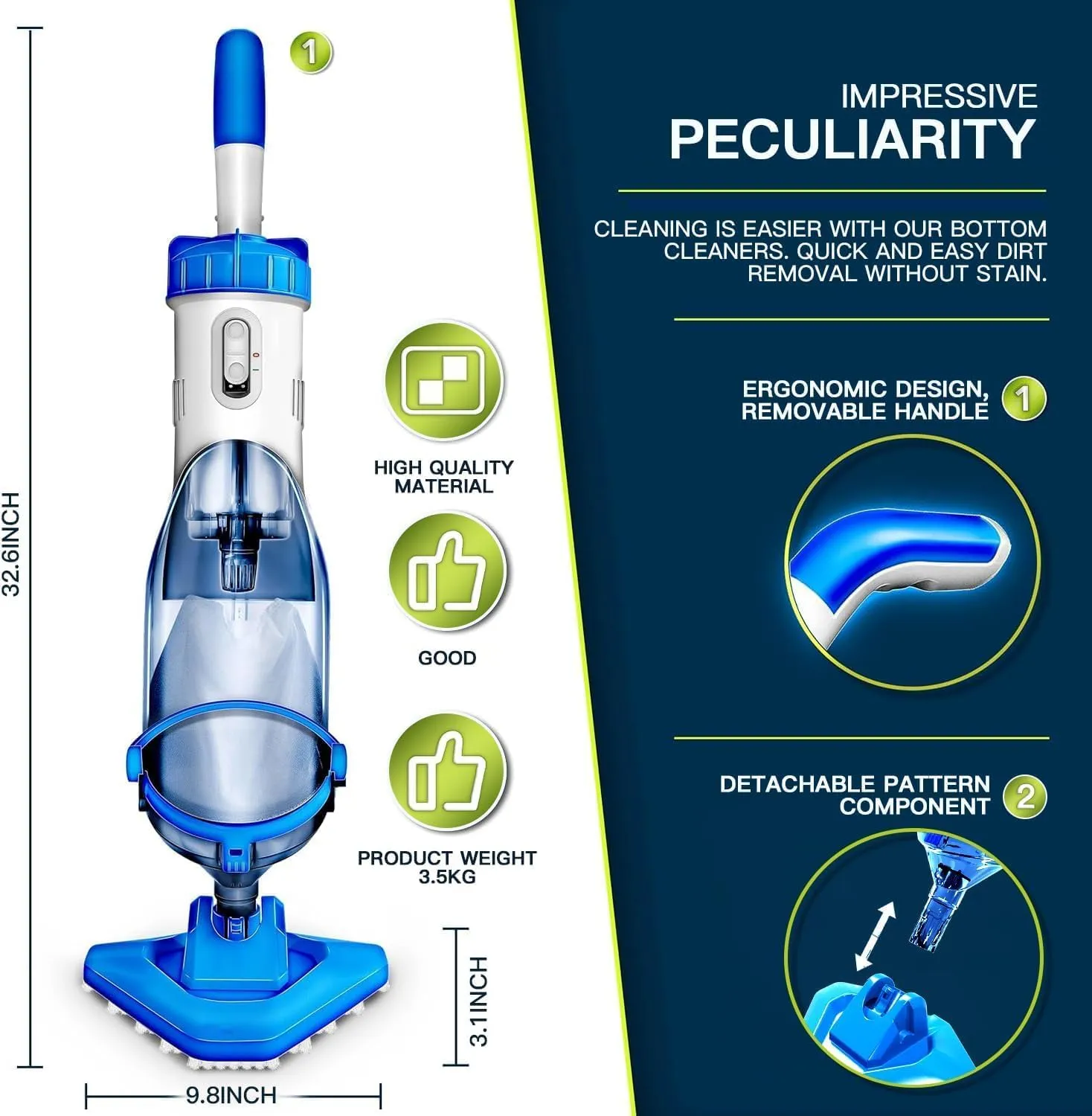 Cordless Handheld Pool Vacuum for Above Ground Pool with 18 Gal/Min Suction, 60 Min Run Time, Rechargeable Pool Cleaner with 60" Telescopic Pole for Sand, Silt in Inground Pools, Hot Tub and Spa