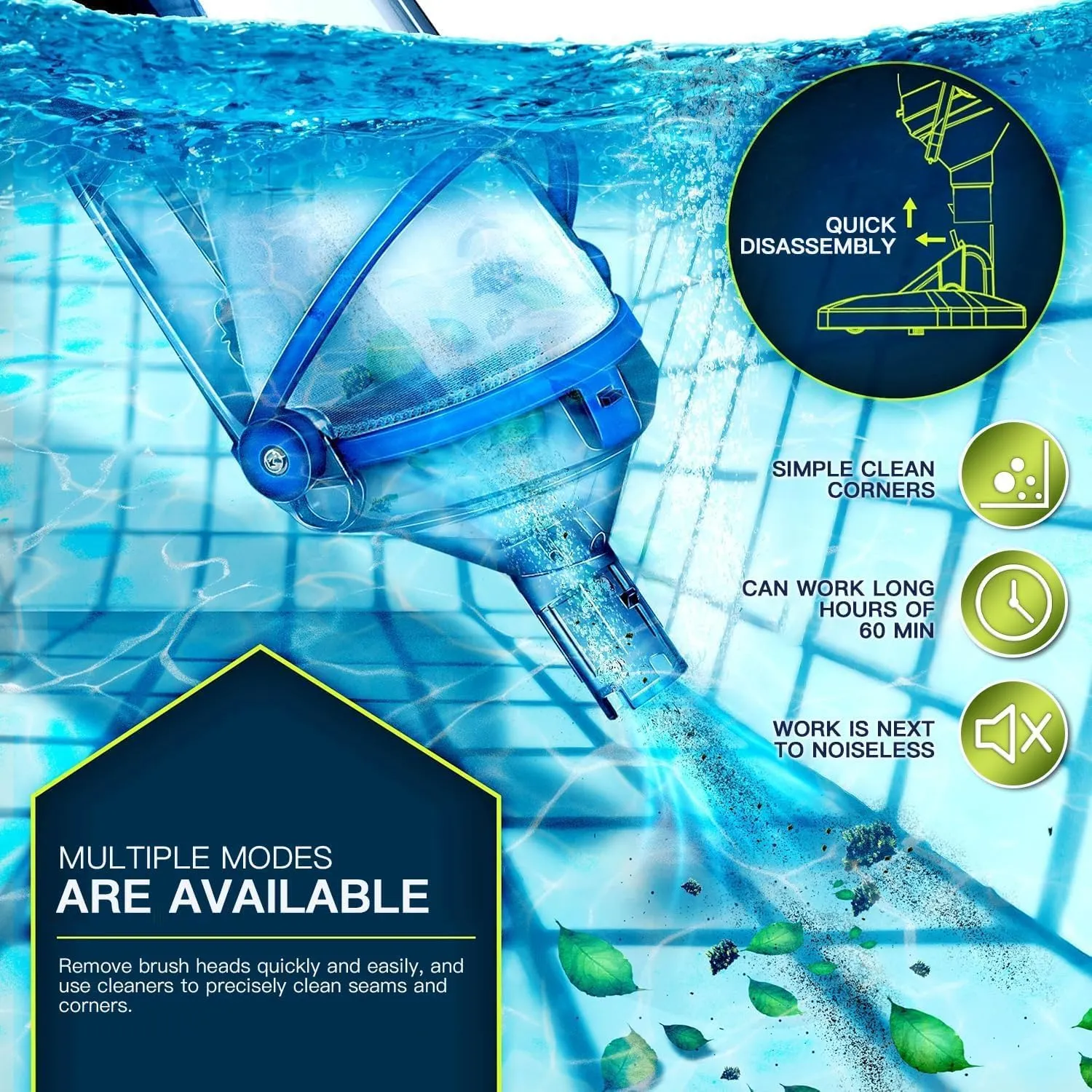 Cordless Handheld Pool Vacuum for Above Ground Pool with 18 Gal/Min Suction, 60 Min Run Time, Rechargeable Pool Cleaner with 60" Telescopic Pole for Sand, Silt in Inground Pools, Hot Tub and Spa