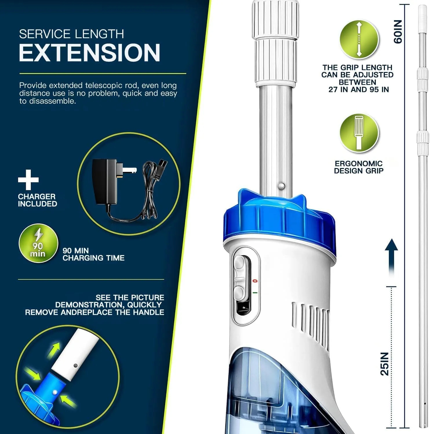 Cordless Handheld Pool Vacuum for Above Ground Pool with 18 Gal/Min Suction, 60 Min Run Time, Rechargeable Pool Cleaner with 60" Telescopic Pole for Sand, Silt in Inground Pools, Hot Tub and Spa