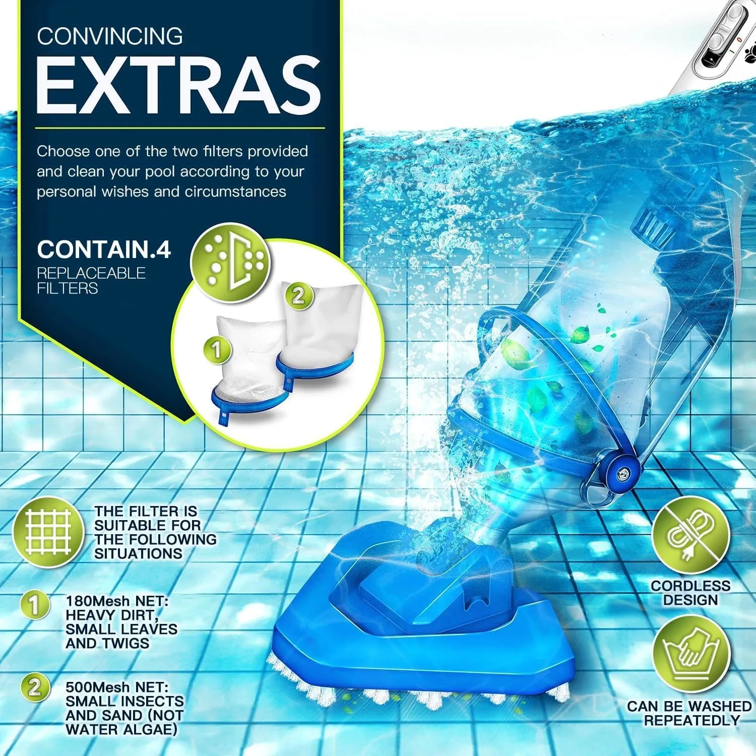 Cordless Handheld Pool Vacuum for Above Ground Pool with 18 Gal/Min Suction, 60 Min Run Time, Rechargeable Pool Cleaner with 60" Telescopic Pole for Sand, Silt in Inground Pools, Hot Tub and Spa
