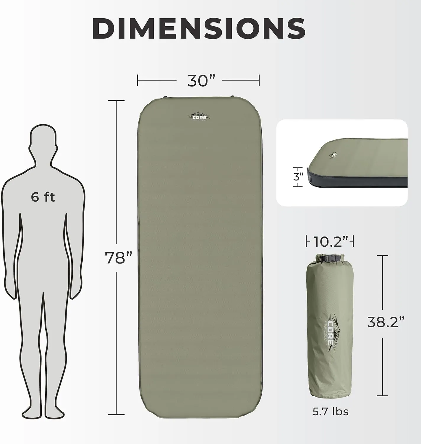 CORE Long Wide Self Inflating Camping Bed | Perfect Blow Up Mattress for Travel Car Camping & Outdoor Use | Air & Foam Filled Inflatable Sleeping Pad for Adults