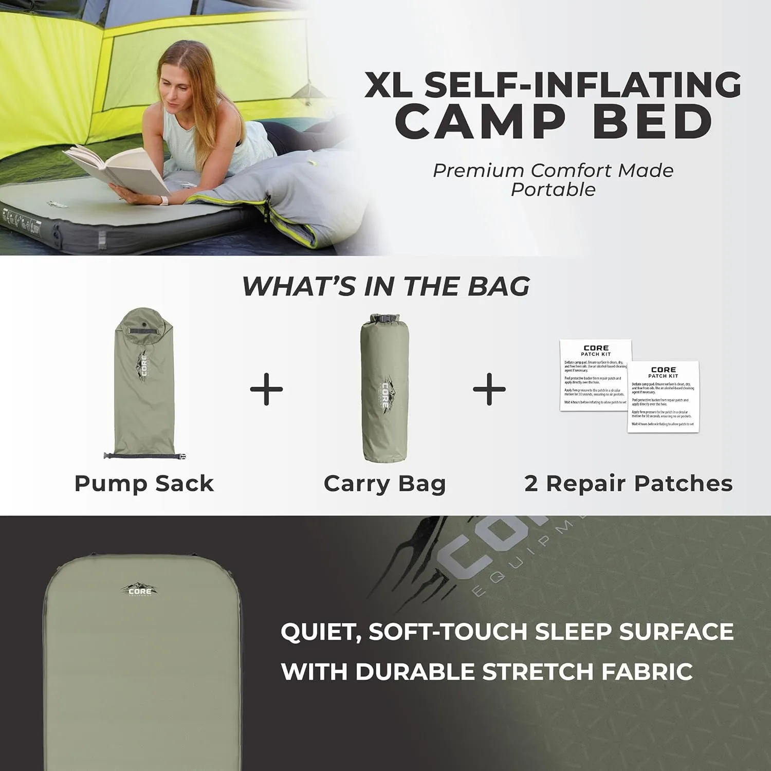 CORE Long Wide Self Inflating Camping Bed | Perfect Blow Up Mattress for Travel Car Camping & Outdoor Use | Air & Foam Filled Inflatable Sleeping Pad for Adults