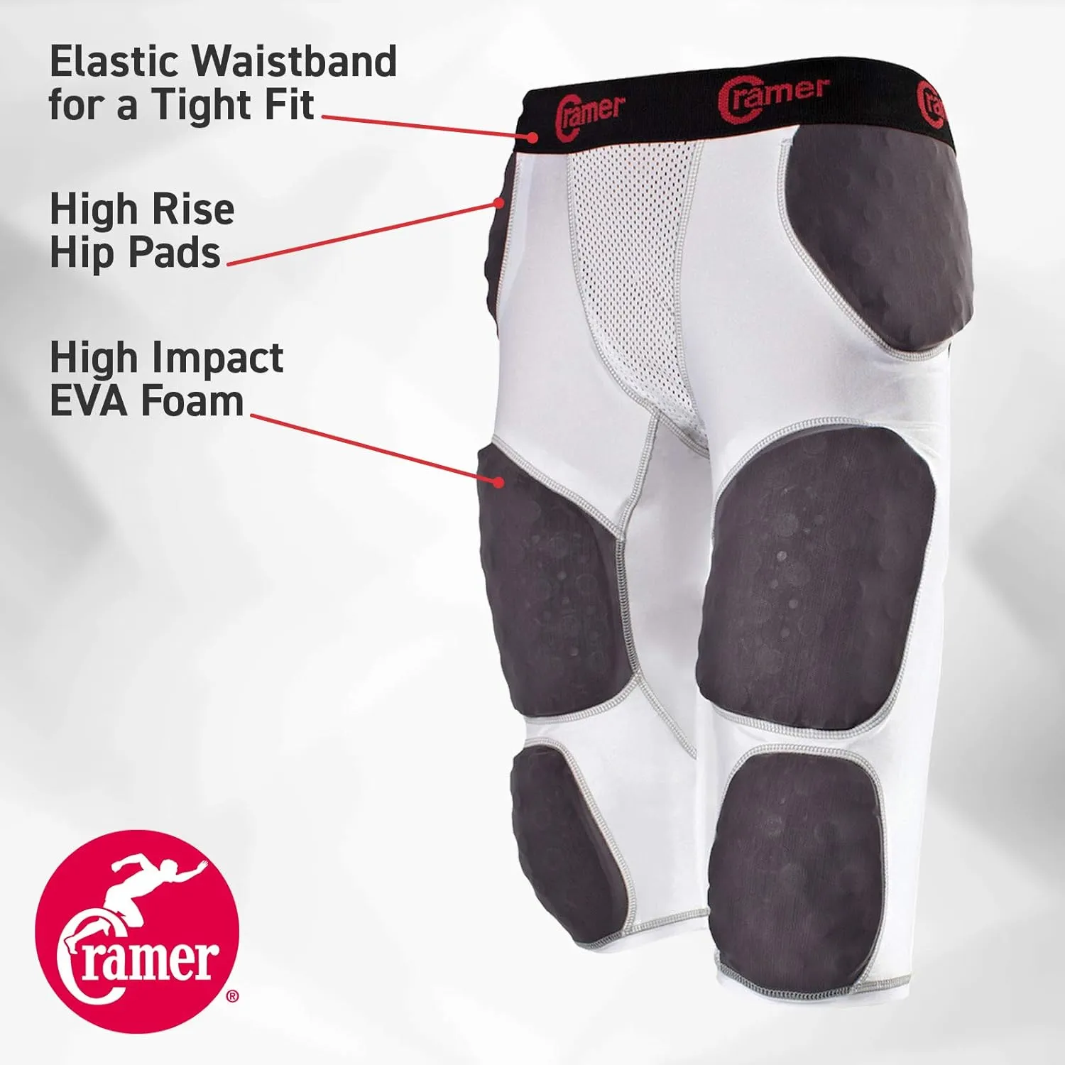 Cramer Thunder 7 Pad Football Girdle With Integrated Hip, Thigh and Tailbone Pads, Designed for Protection from High Impacts, High Hip Pad Coverage, Extra Thigh Protection Padding, White, 4X-Large