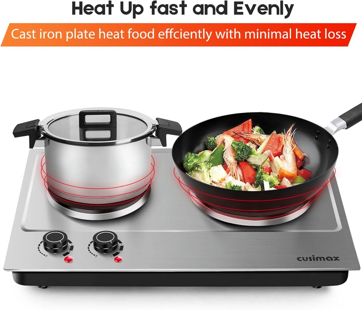 CUSIMAX 1800W Double Hot Plate, Stainless Steel Silver Countertop Burner Portable Electric Double Burners Electric Cast Iron Hot Plates Cooktop, Easy to Clean, Upgraded Version C180N