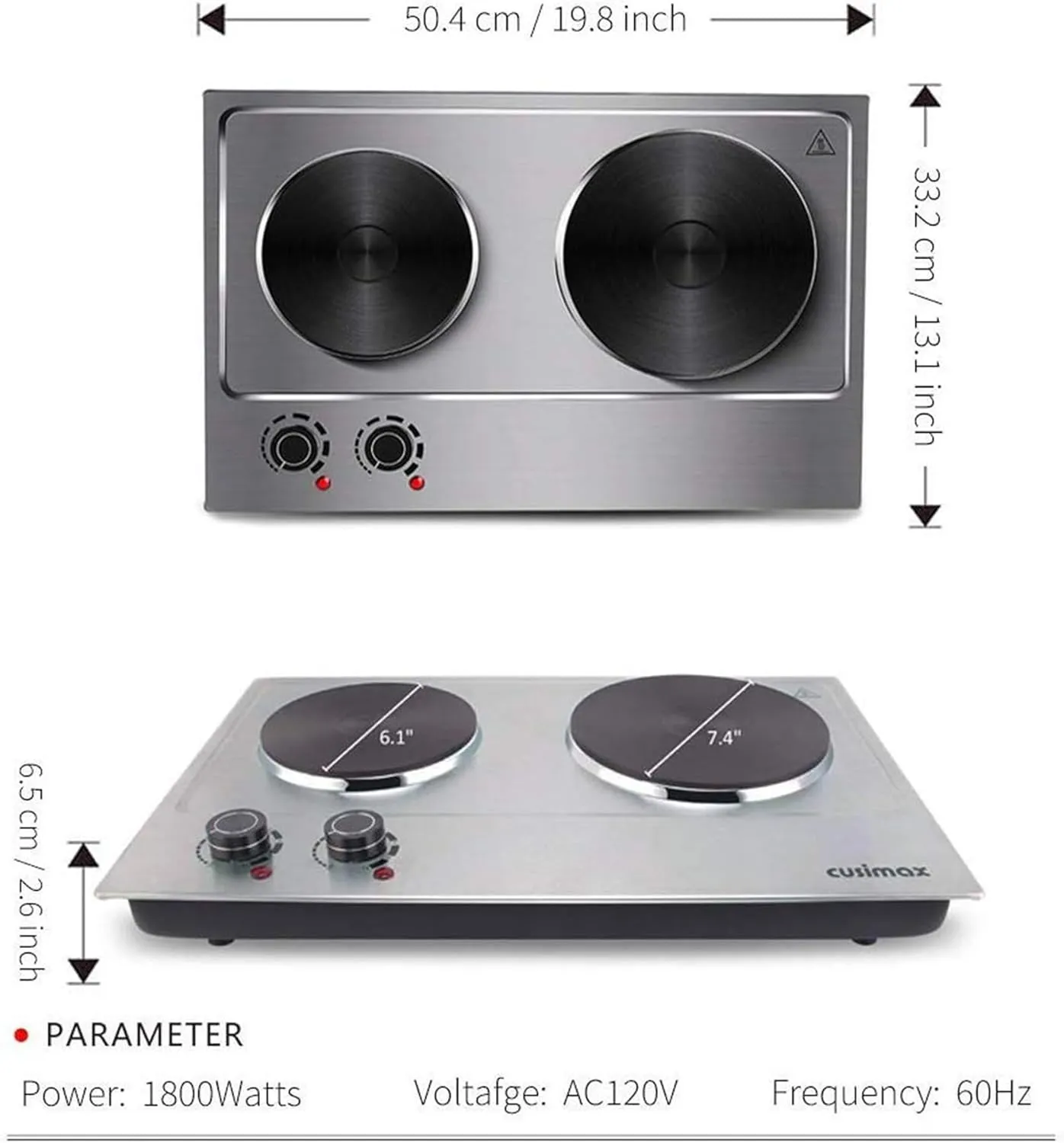 CUSIMAX 1800W Double Hot Plate, Stainless Steel Silver Countertop Burner Portable Electric Double Burners Electric Cast Iron Hot Plates Cooktop, Easy to Clean, Upgraded Version C180N