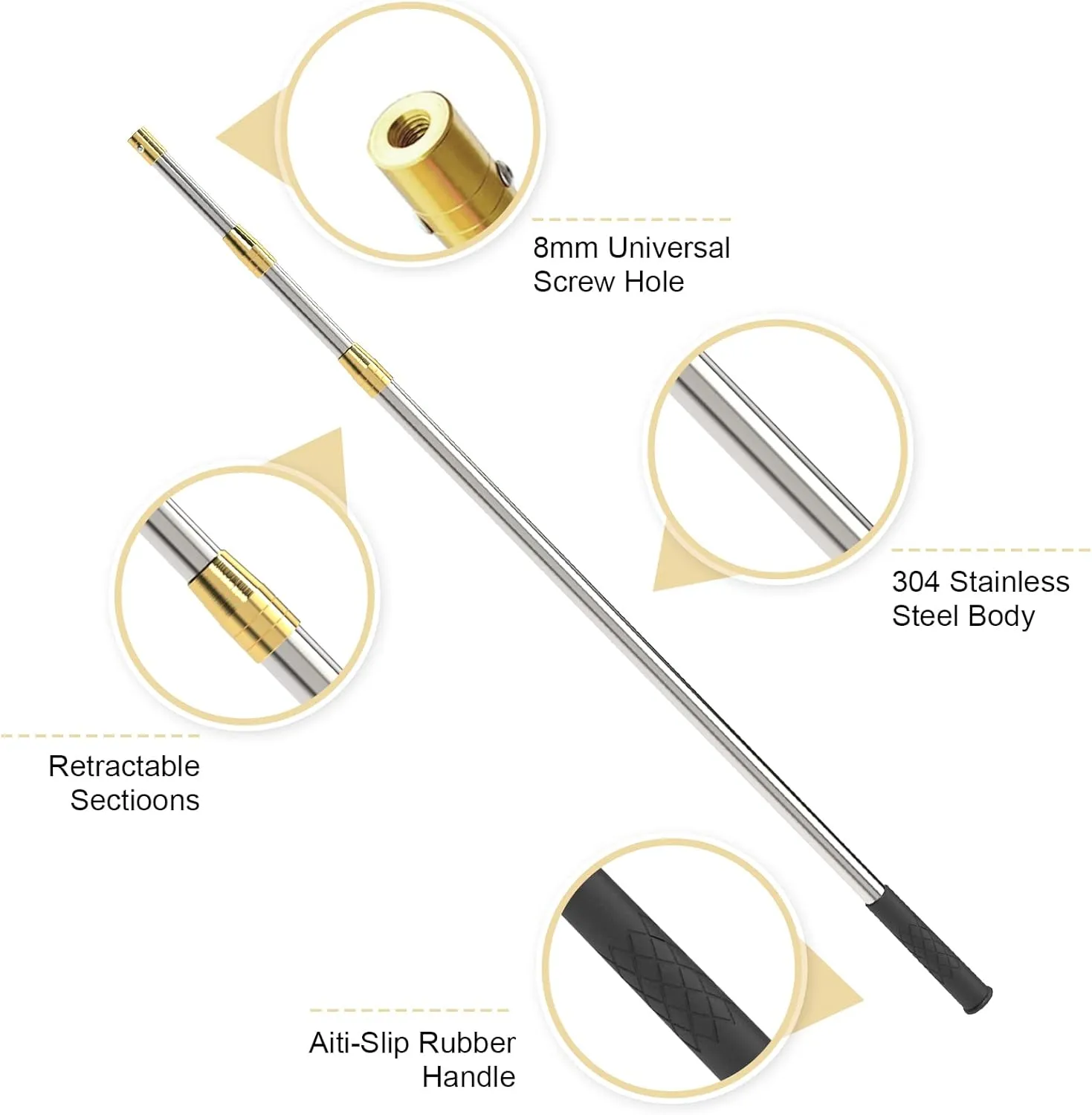 Cyfie Retractable Fishing Gaff, Stainless Steel Flounder Gig Frog Gig Gaff Pole, Muti-Size Telescopic Fishing Gaff with 8mm Screw, Capable for Gaff Harpoon Hook