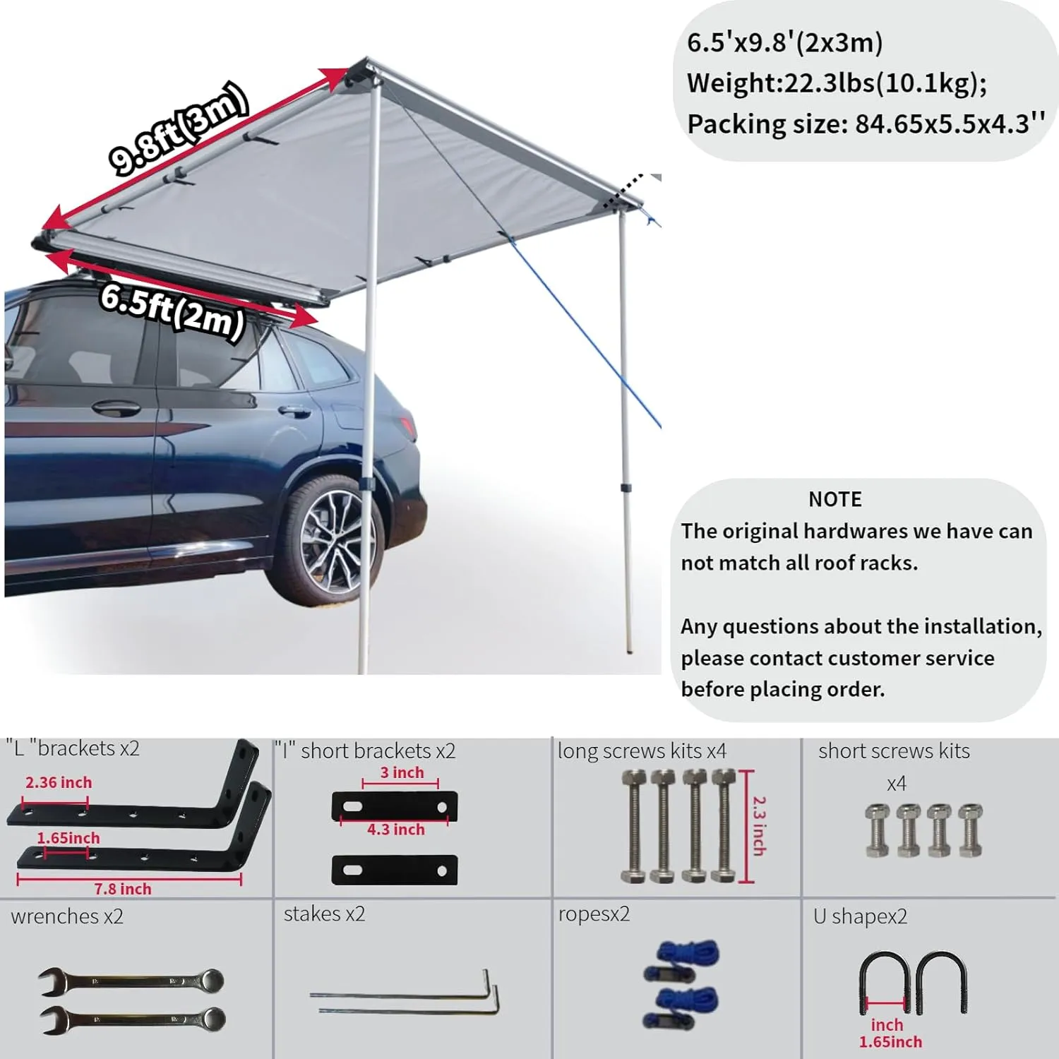 DANCHEL OUTDOOR Roof Rack Pul-Out Car Awning - Waterproof Portable Side Sun Shelter Tarp for SUV/Truck/Van/Camper, 6.5x9.8ft Gray